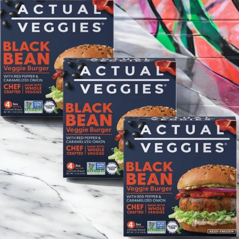 Three boxes of Actual Veggies Black Bean Burger- 3 Count showcase vibrant images of tasty plant-based patties with text emphasizing red pepper, caramelized onion, and whole veggies for a sustainable meal option.