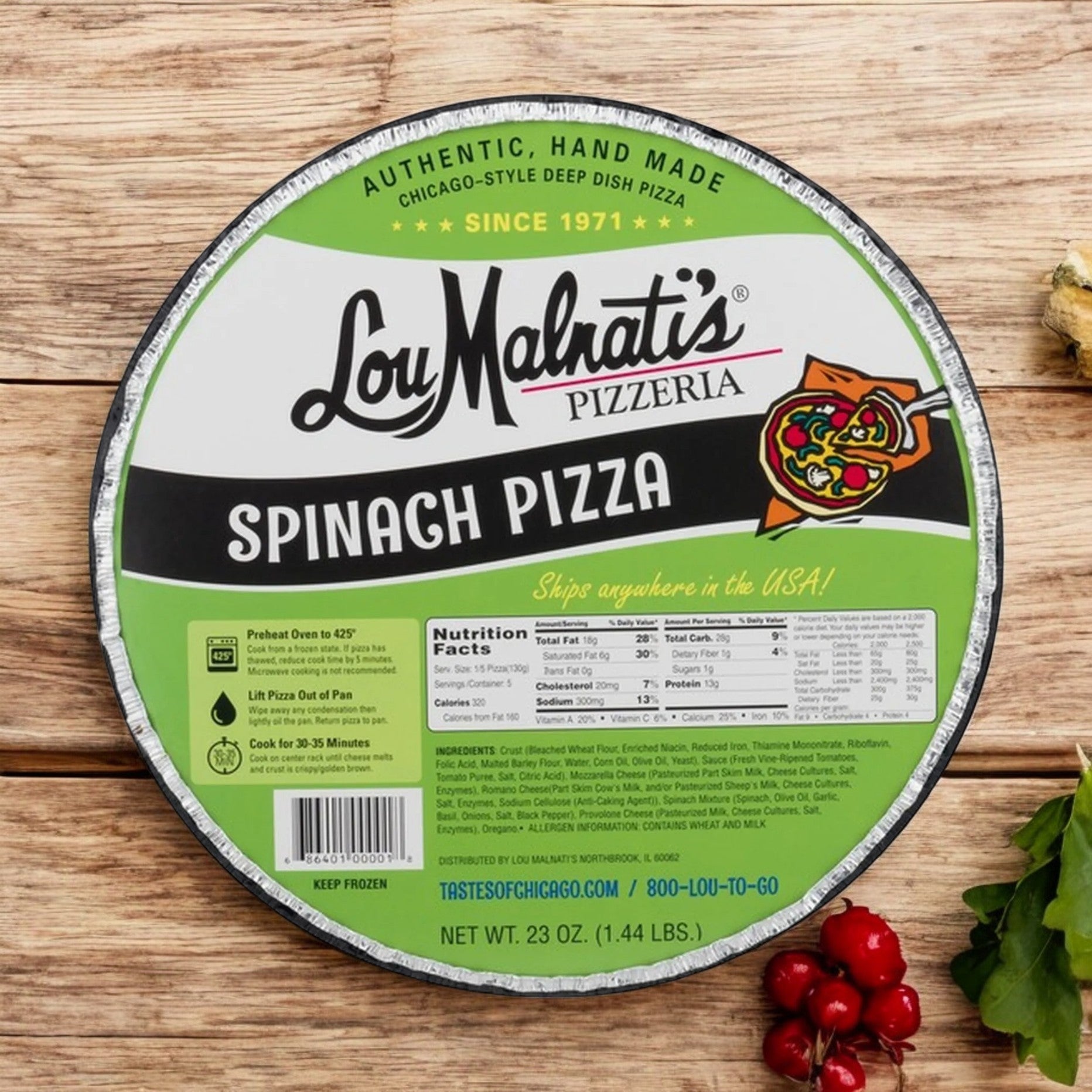 Lou Malnati's Pizza Spinach, 23 oz - 1 Count, comes complete with cooking instructions and nutrition facts. This classic offering from Lou Malnati's combines fresh spinach leaves with ripe tomatoes to deliver an authentic Chicago pizza experience straight to your table.