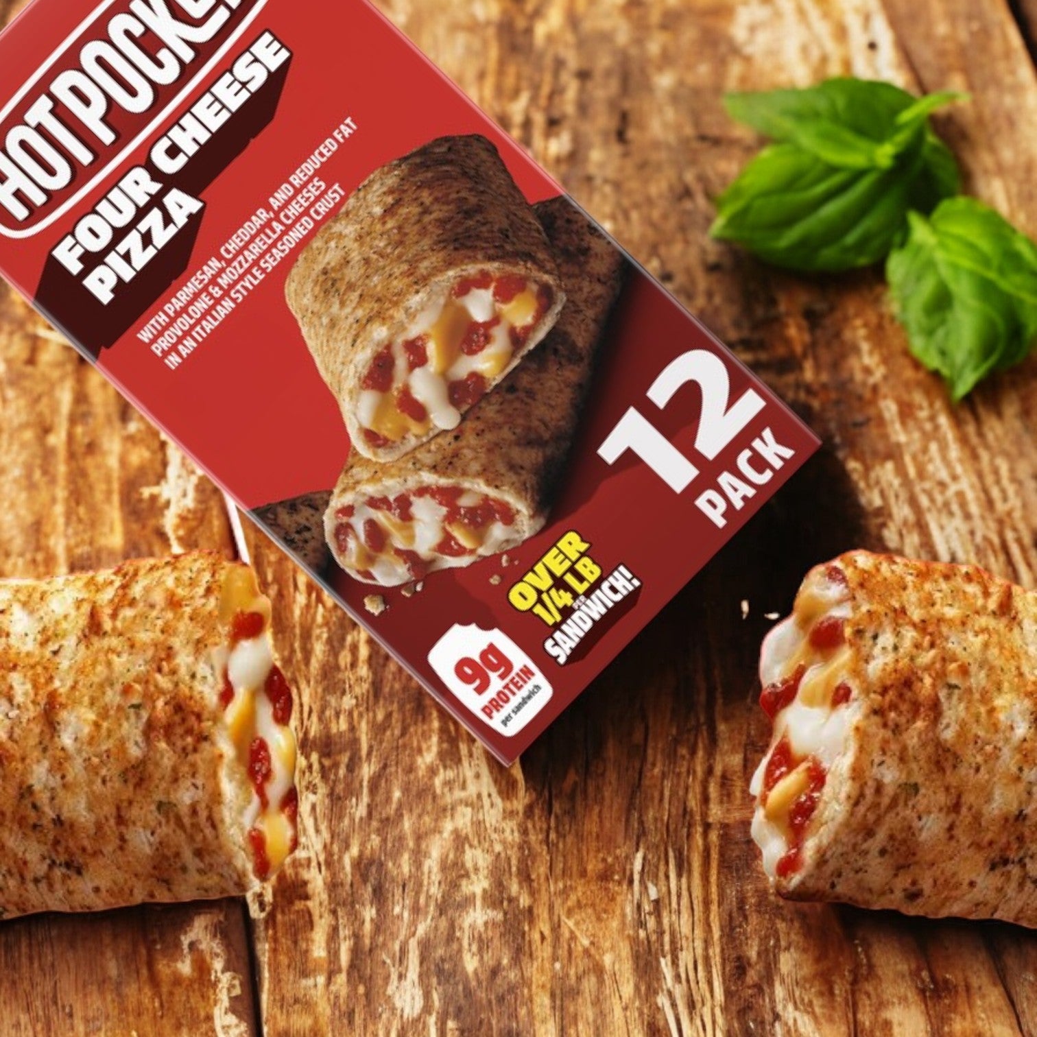 A box of Hot Pockets Four Cheese Pizza – 12 Count sits beside two cooked pockets oozing melted cheese and tomato sauce on a wooden surface garnished with basil leaves. Ideal for a quick, delicious snack whenever the craving strikes.