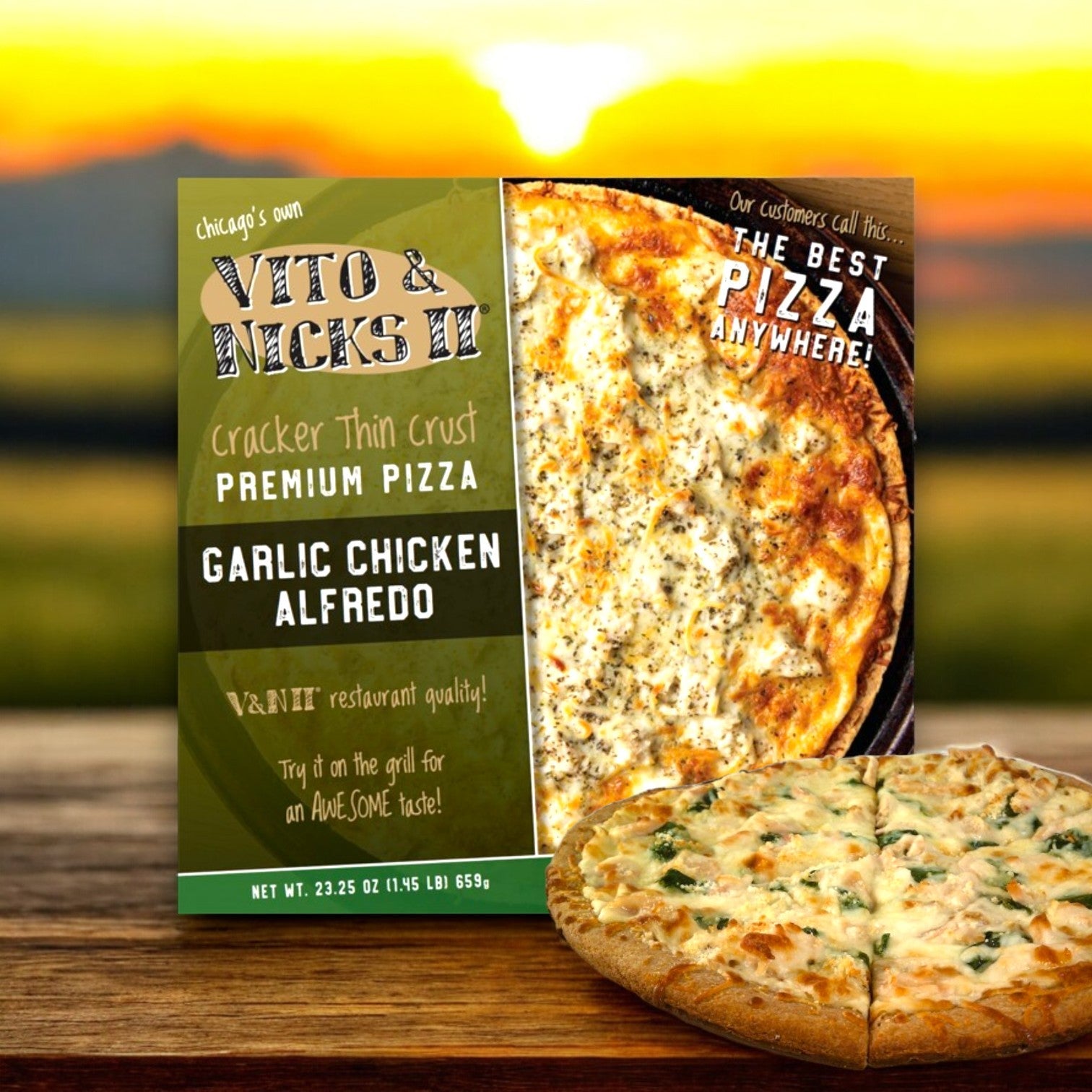 Savor Chicago's tavern-style pizza with Vito & Nick's II Cracker Thin Crust Garlic Chicken Alfredo Pizza, 23.25 oz, featuring a savory cracker thin crust beautifully packaged against a sunset backdrop.