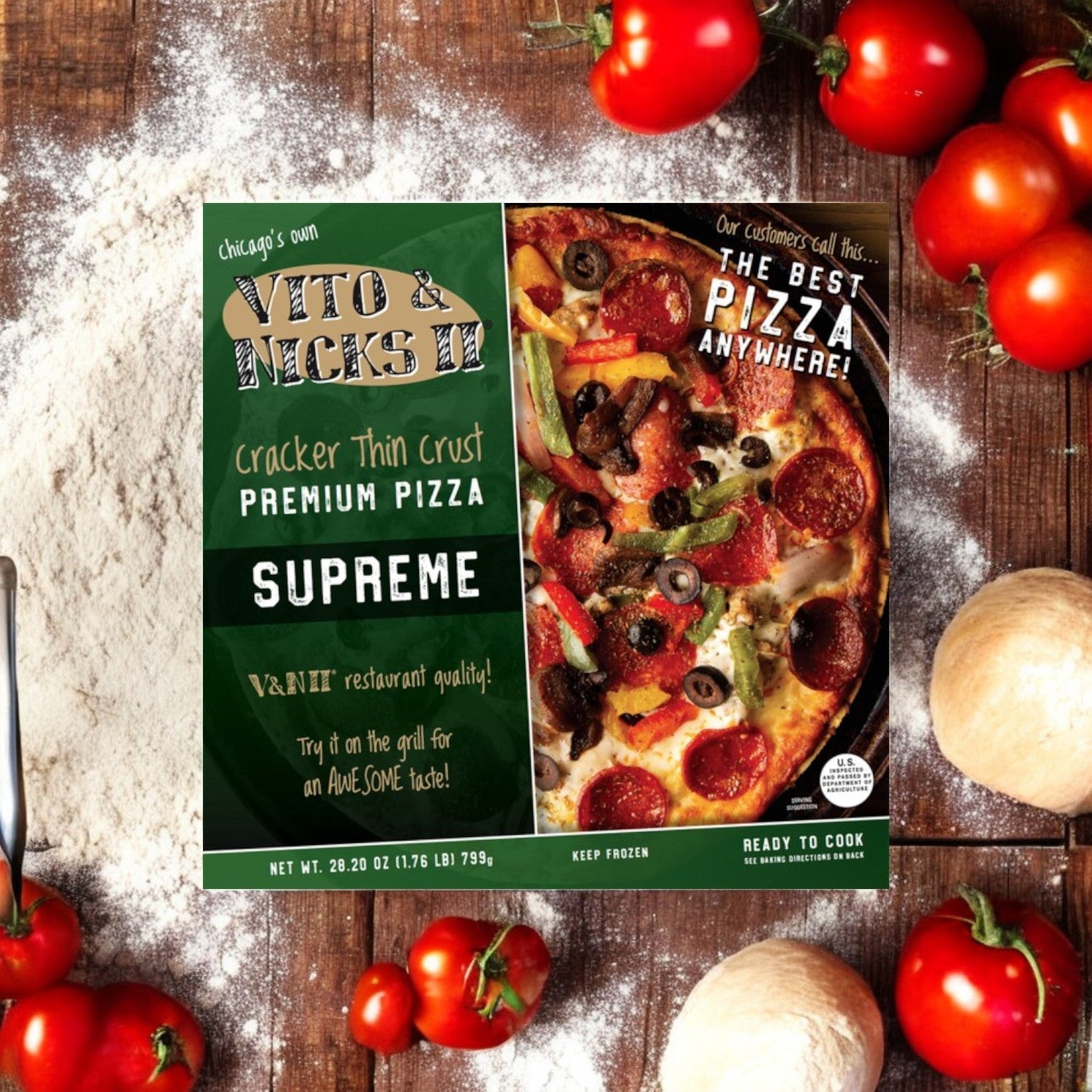 A Vito & Nick's II 3-Pizza Combo Pack! sits on a table, encircled by fresh tomatoes, garlic, and flour. The box highlights Chicago tavern-style cracker-thin crust supreme pizzas made with premium ingredients.