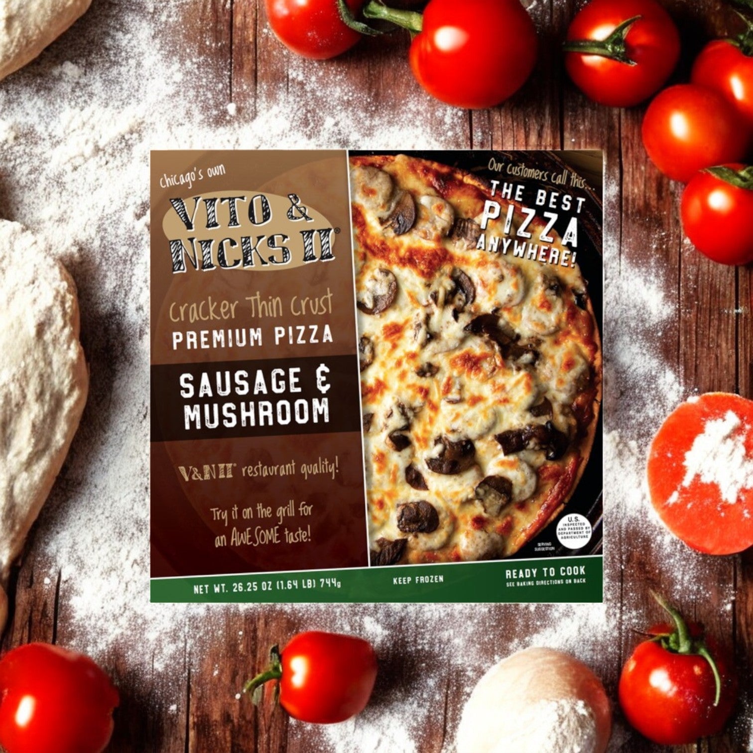 A Vito & Nick's II 3-Pizza Combo Pack! rests on a wooden surface, surrounded by scattered tomatoes and flour, capturing the essence of Chicago tavern-style pizza with its cracker-thin crust and premium ingredients.