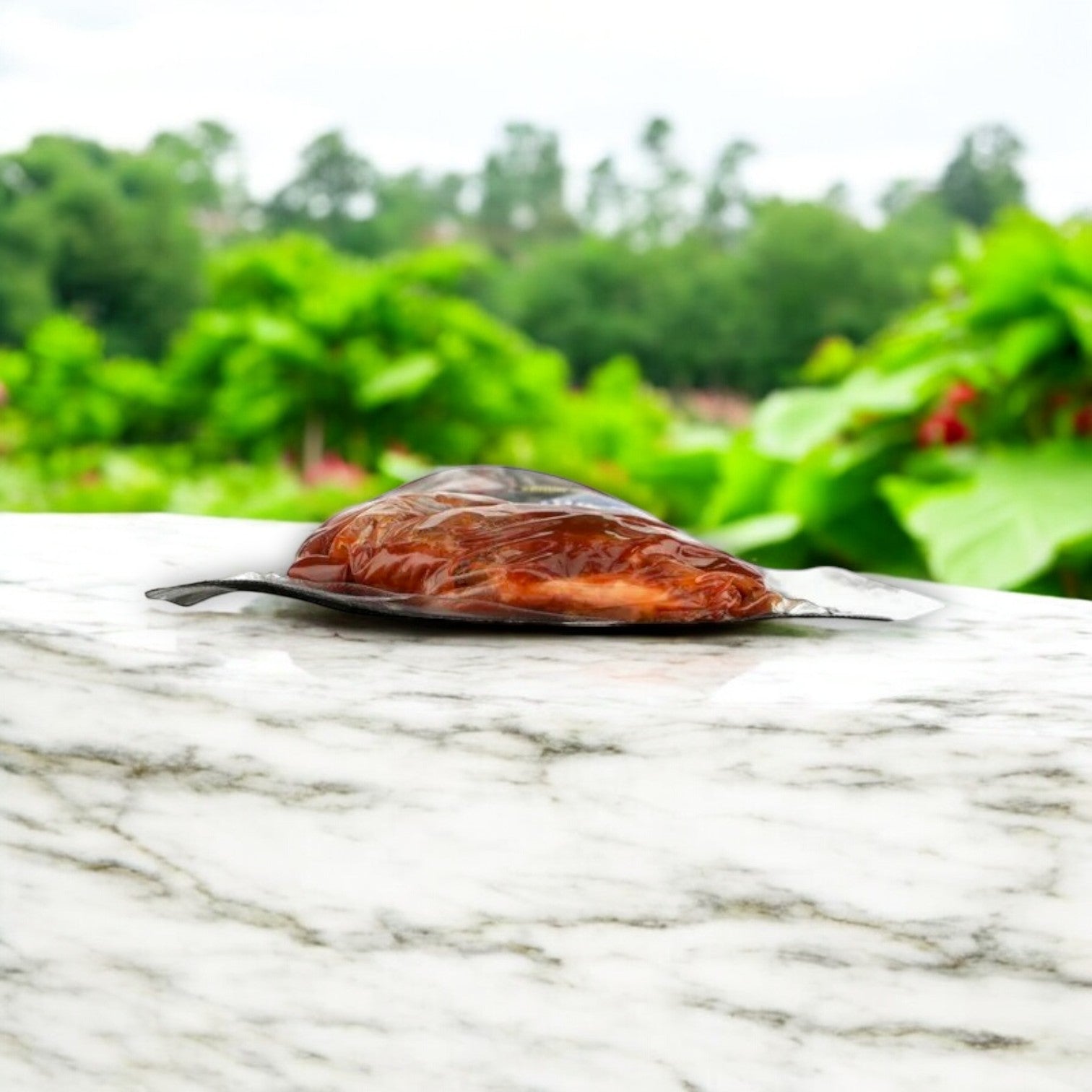 A vacuum-sealed smoked fish is on a marble surface, capturing the BBQ essence of Curly's BBQ & Ribs – 24 oz-3 Count by Curly's, with softly blurred green foliage in the background.