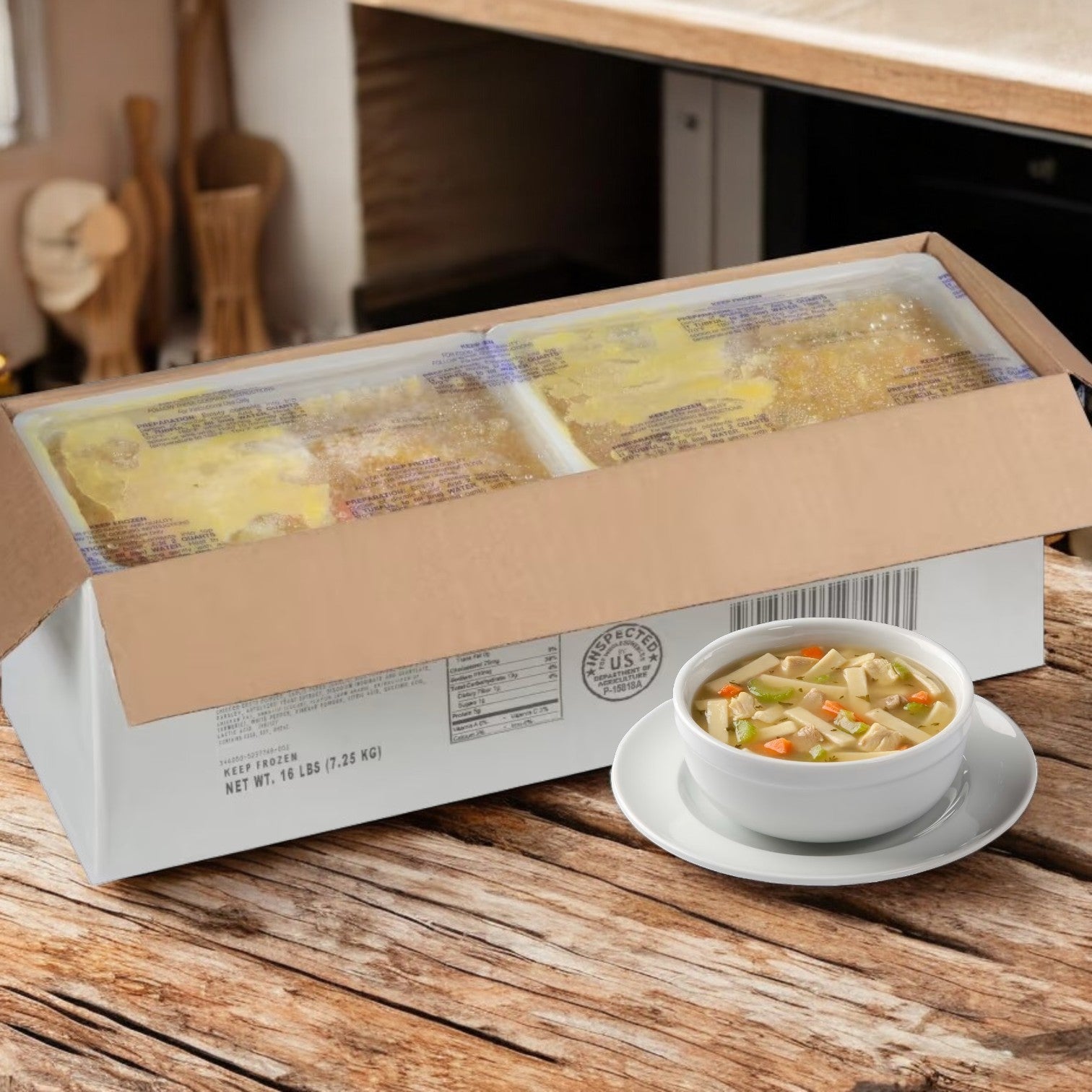 A partially open box of Chef Francisco by Heinz Chicken Noodle Soup - 64 oz sits on a kitchen counter beside a bowl of vegetable soup on a saucer.