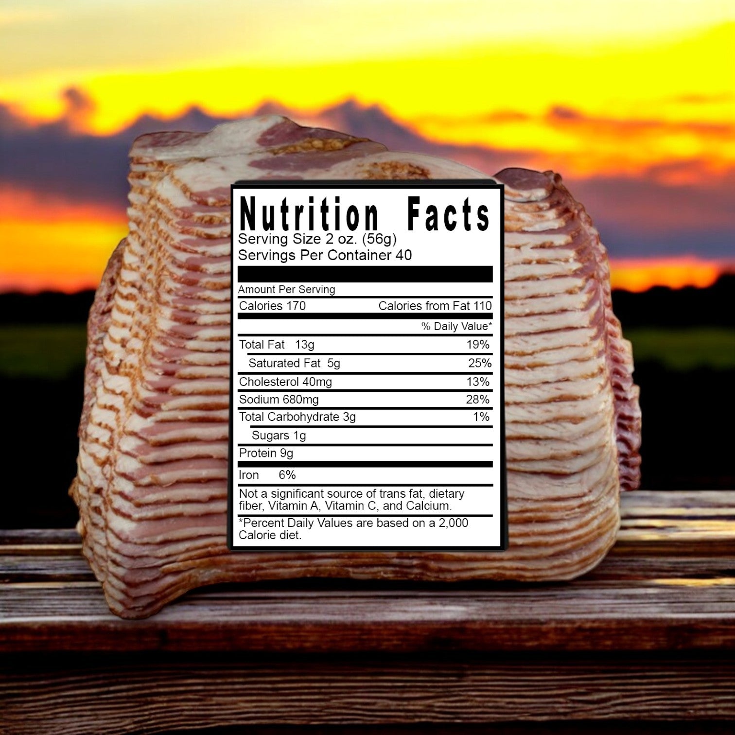 A large stack of thinly sliced Deen's Halal Sliced Beef Bacon glistens at sunset outdoors. An overlay details its nutritional facts, including calories, fat, cholesterol, sodium, carbohydrates, sugars, and protein content.