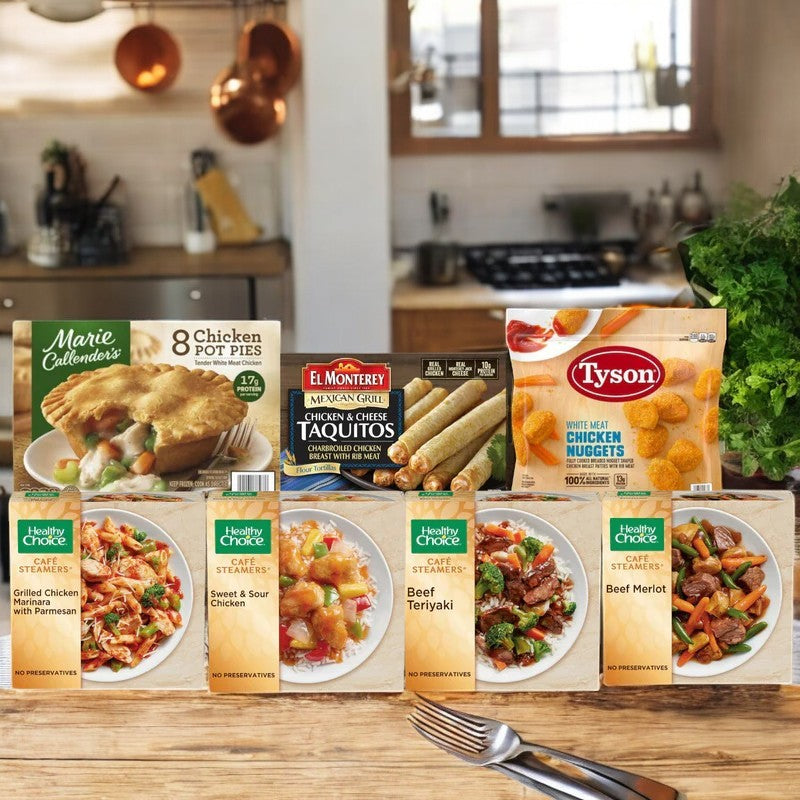 Endless Market's College Meal Pack! Feed Your Hungry College Student! includes pot pies, taquitos, chicken nuggets, and four Healthy Choice Cafe Steamers—ideal frozen meals for dorm rooms, all displayed on a kitchen counter.