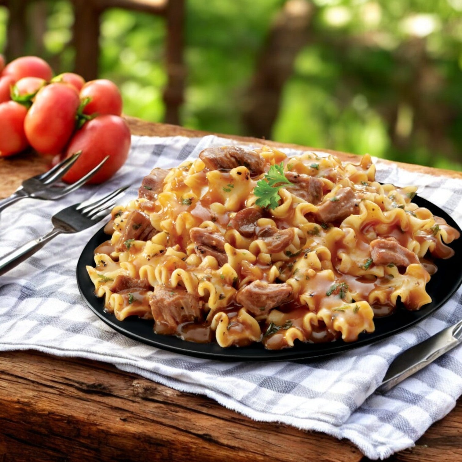 The Boston Market Home Style Meals Beef Steak & Pasta by Smart Ones, 14 oz., creates a perfect home-style vibe outdoors, featuring succulent beef steak chunks in rich sauce, with fresh tomatoes and cutlery on a wooden table.
