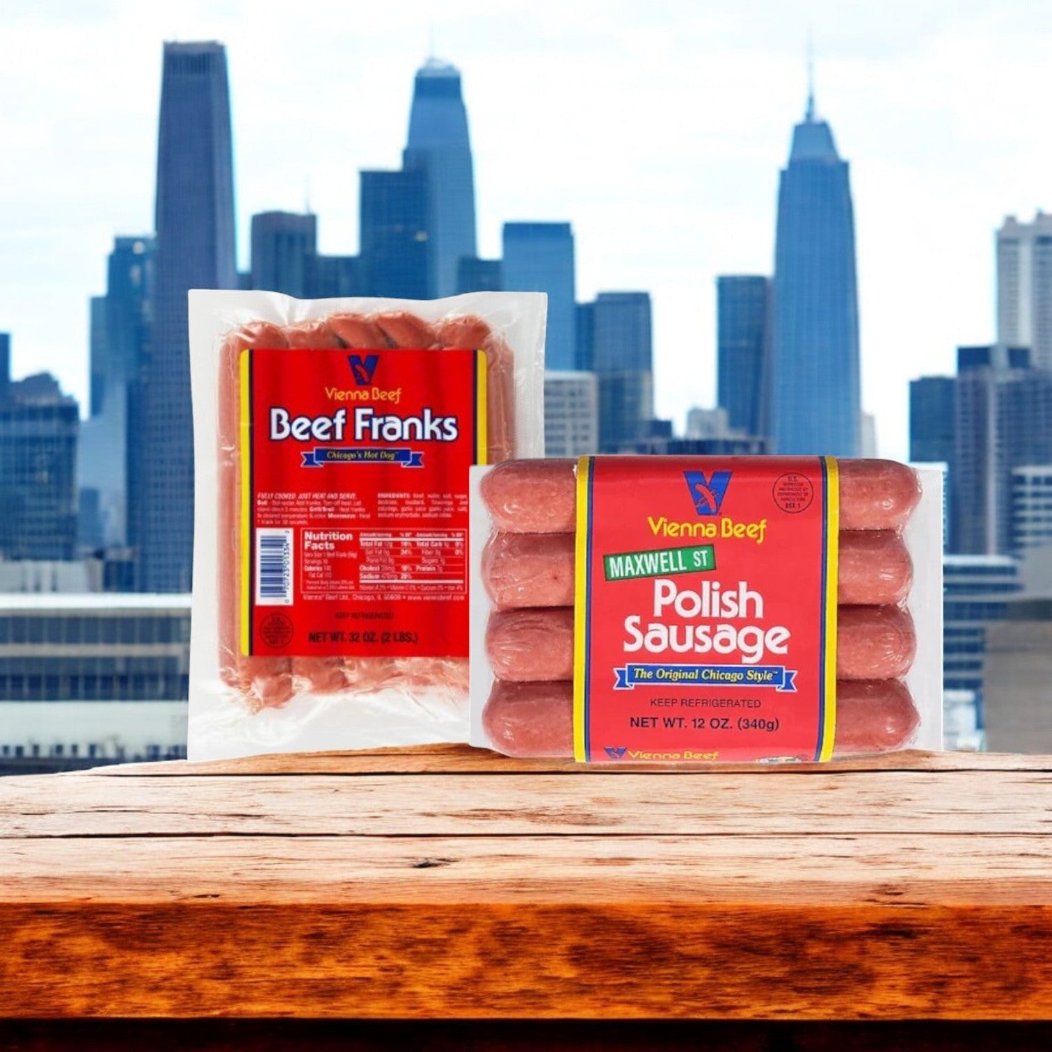 On a wooden table, a Vienna Beef 3-Pack Combo featuring 16 Beef Franks and 8 Maxwell St. Polish Sausages captures Chicago's essence with the city skyline in the background.