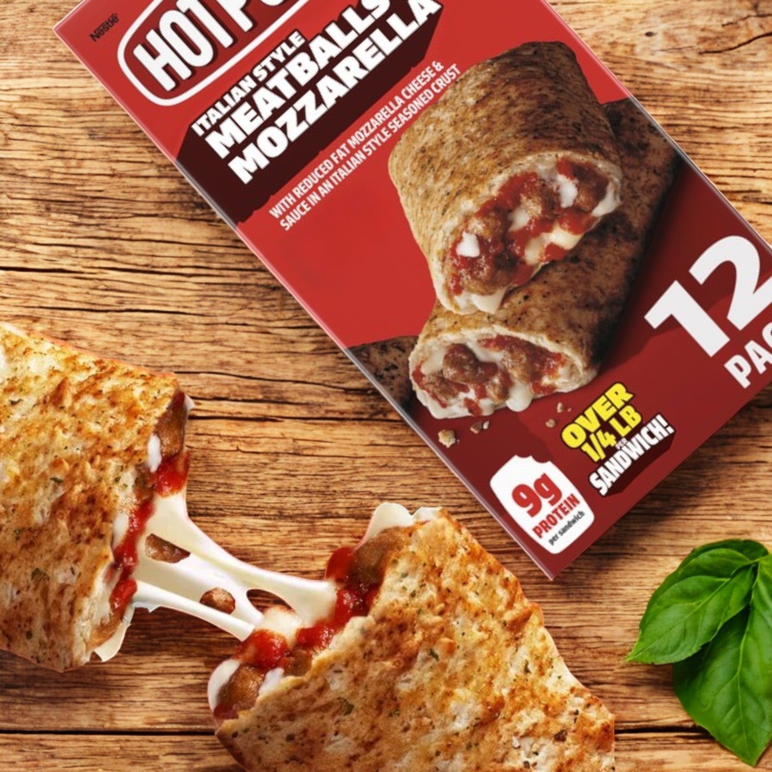 A 12-count box of Hot Pockets Italian Style by Hot Pockets is next to an open, cheesy, saucy baked sandwich garnished with fresh basil leaves, ideal when enjoyed with other flavors from a variety pack.