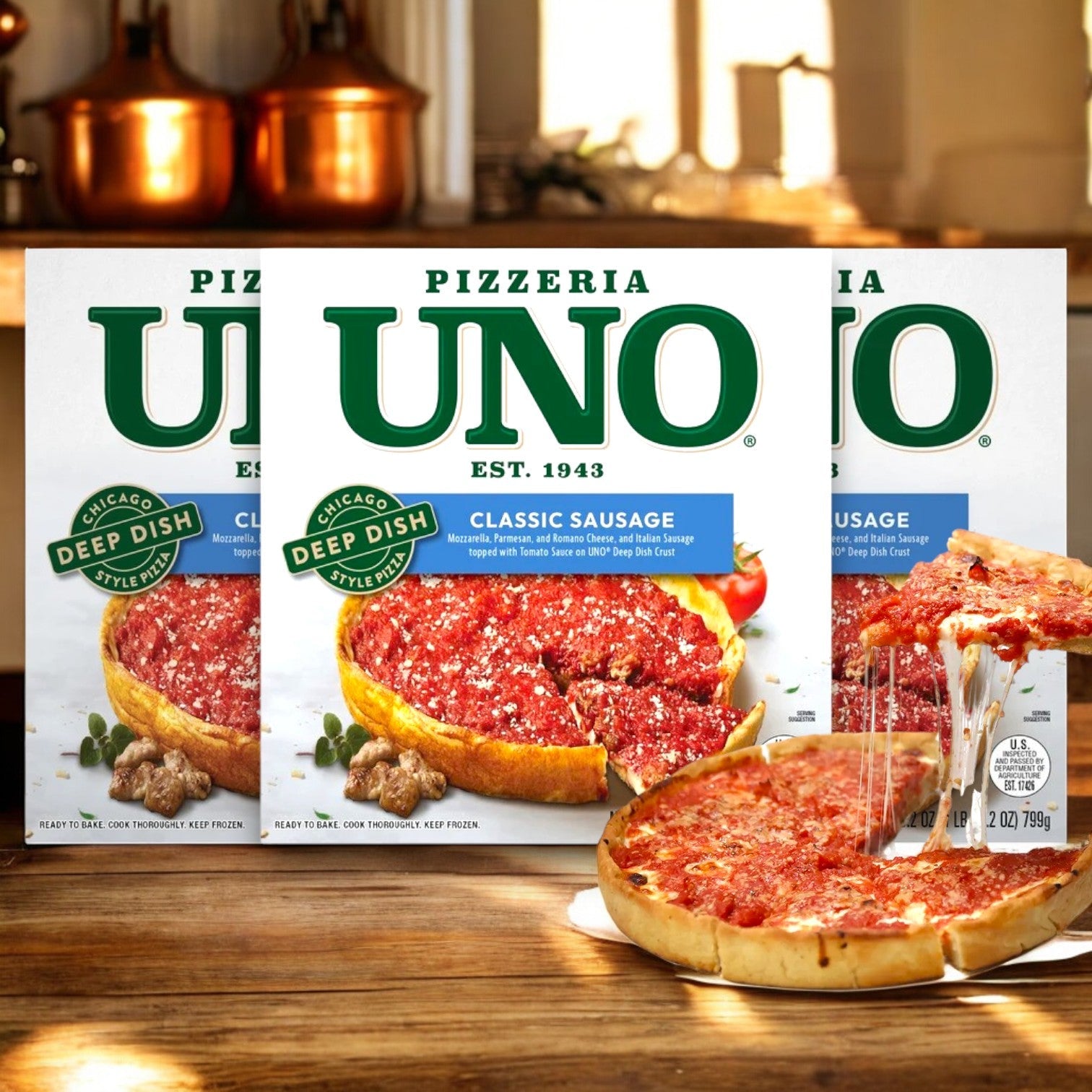 Three boxes of Pizzeria Uno 9 Inch Chicago Style Deep Dish Classic Sausage Pizza are shown, featuring a sliced, cooked pizza in front.
