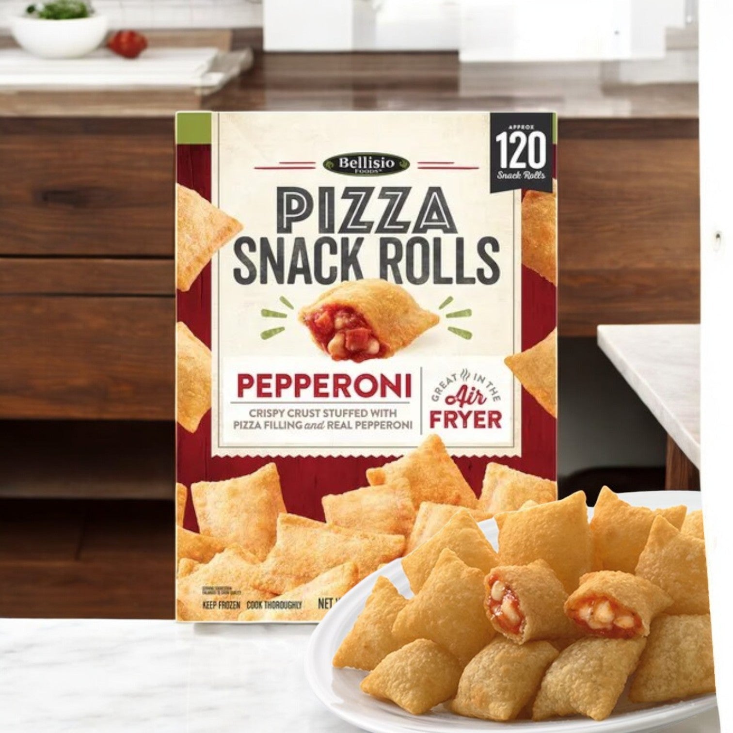 A 60 oz pack of Bellisio Foods Pizza Snack Rolls sits beside a plate of these delicious frozen snacks, showing off their mouthwatering pepperoni and cheese filling.