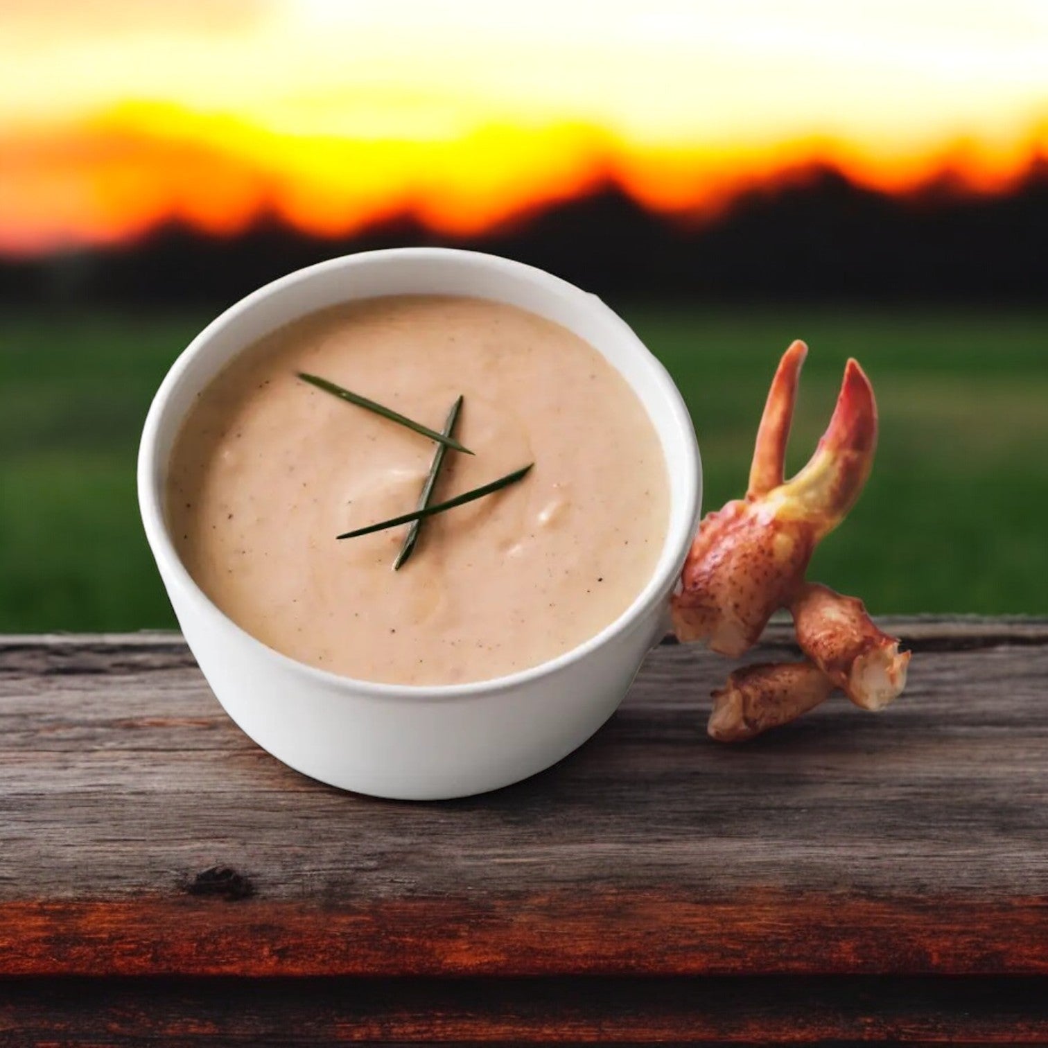 A white bowl of Blount Clam Shack Lobster Bisque Soup by Blount Fine Foods sits on a wooden surface, garnished with chives. Two crab claws are beside it, while a sunset with an orange sky creates a vivid background.