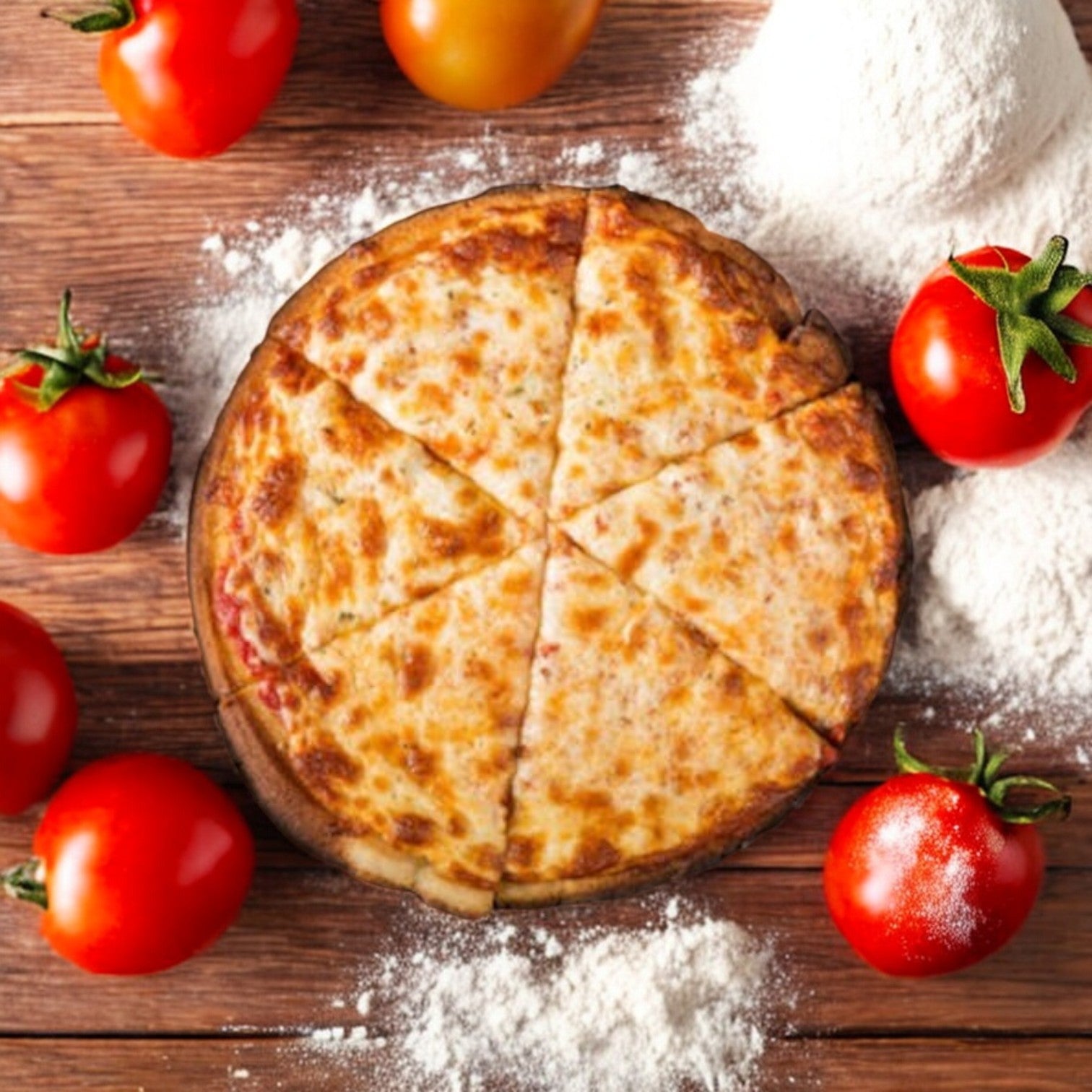 A Rosati's Pizza Crispy Thin Crust Cheese, 19.75 oz, is placed among tomatoes and flour on a wooden surface, delivering authentic Italian flavors.