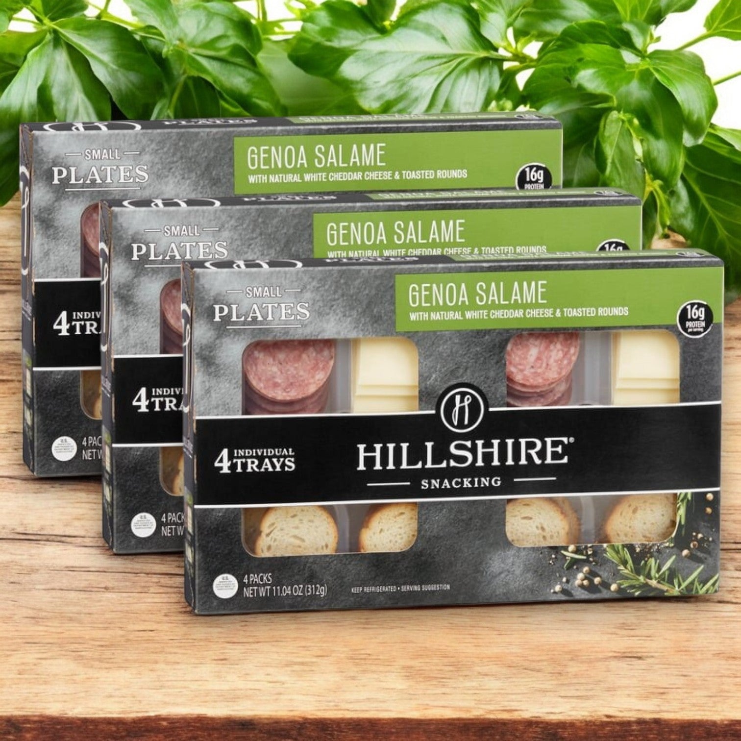 A trio of Hill Shire Snacking Plates, showcasing white cheddar, Genoa salame, and toasted rounds, are elegantly set on wood with vibrant greenery in the backdrop.