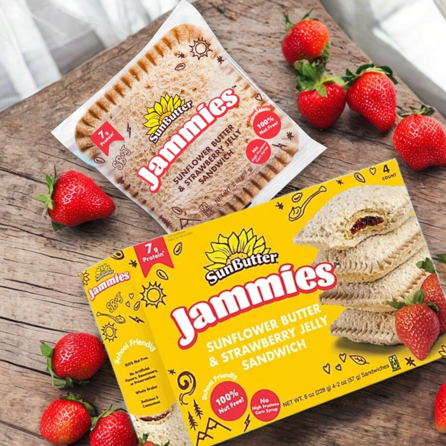 SunButter Jammies 2-Pack Combo – Delicious & Nut-Free, by Sunbutter, features nut-free treats with sunflower seed butter and strawberry jelly. Elegantly presented with fresh strawberries, these sandwiches are available in single packs or multi-pack boxes, offering a delightful snack for everyone.