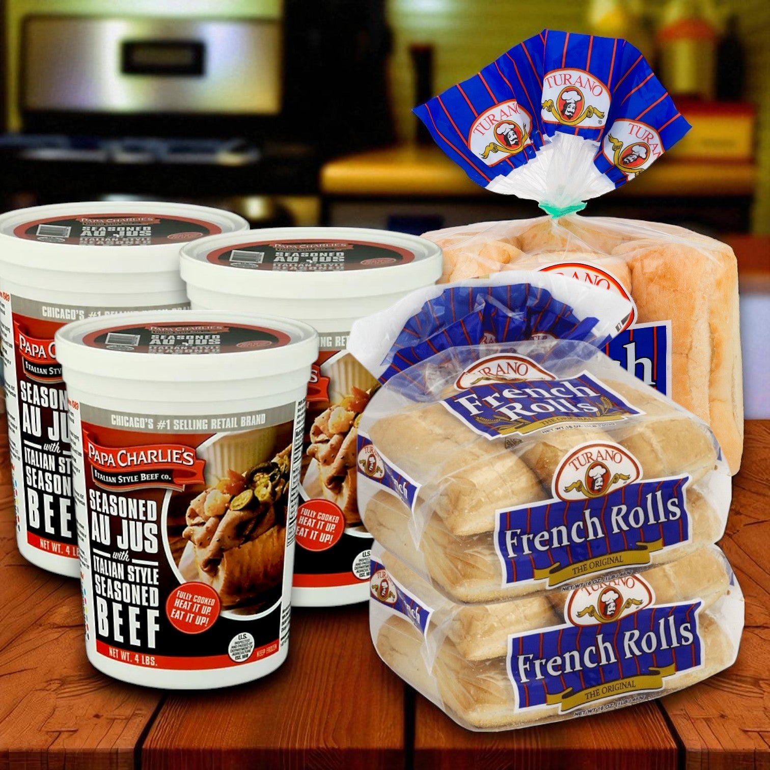 Papa Charlie’s Italian Beef Sandwich Kit – 3-Pack Combo with Turano® Rolls- Perfect For Parties!