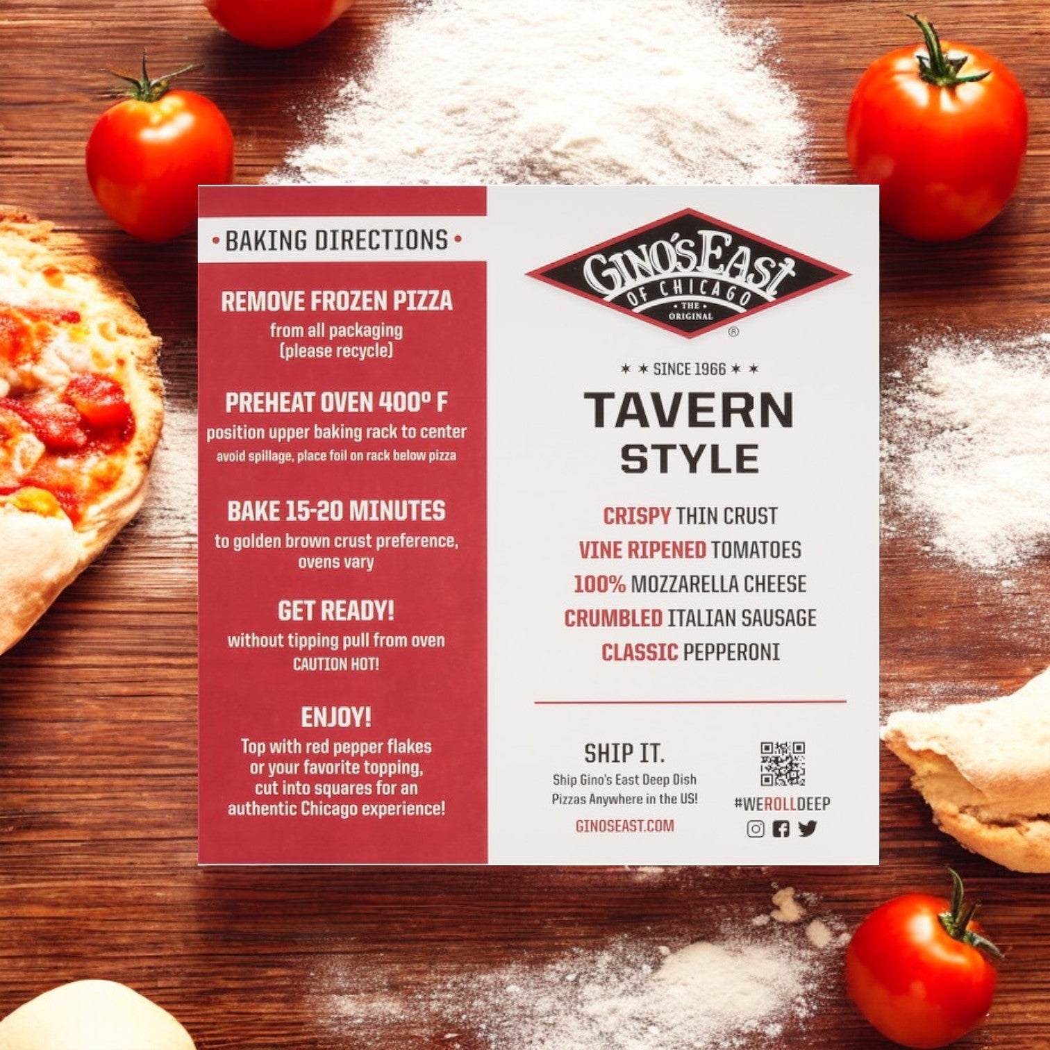 Instructions for Gino's East Thin Crust Tavern Style Sausage & Pepperoni Pizza (25 oz - 3 Count), by Gino's East Pizza, are printed on a white card, surrounded by fresh ingredients such as sausage, pepperoni, tomatoes, and cheese on a rustic wooden surface.