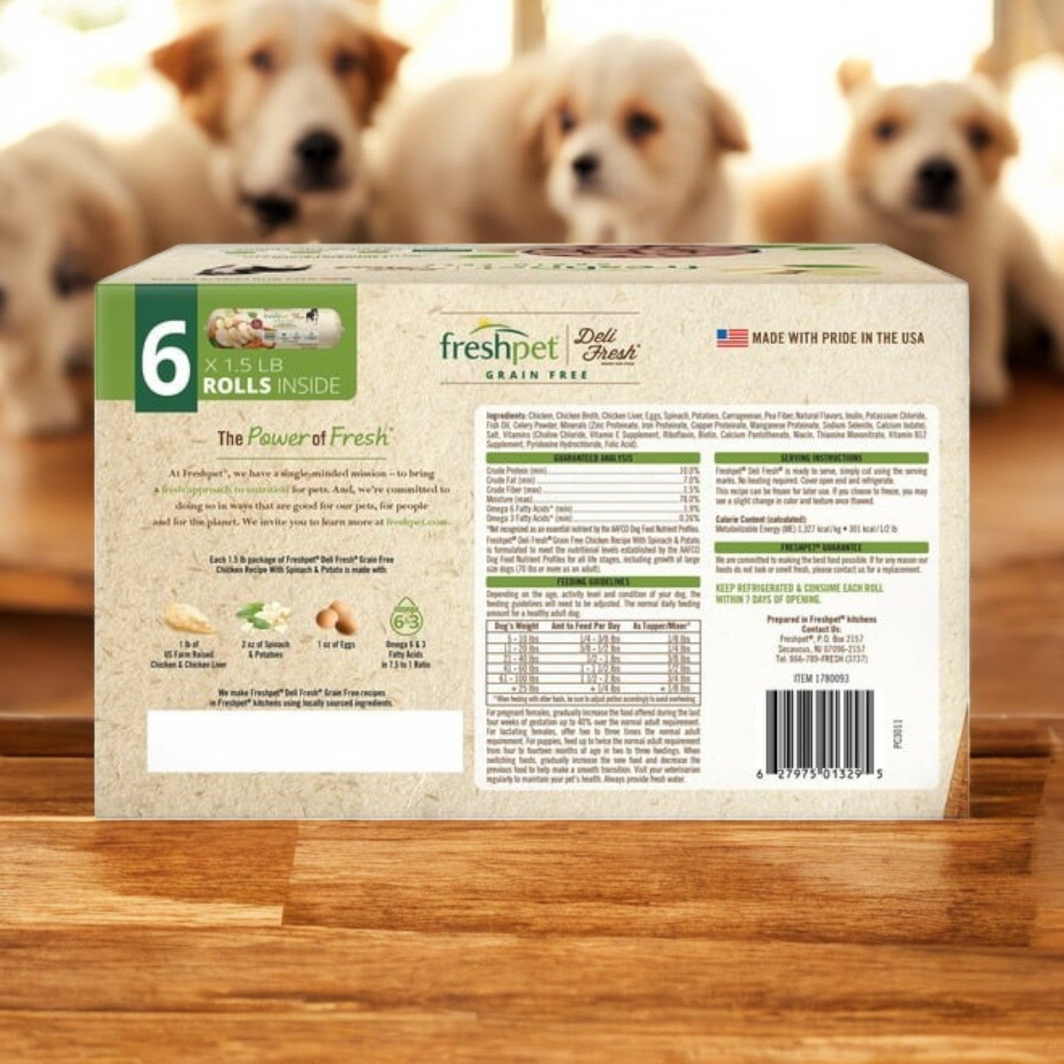 Enjoy three boxes of Freshpet Deli Fresh Grain-Free Chicken Recipe Rolls. Each box contains six 1.5 lb rolls, providing high-quality protein for your pet's health. Eager dogs in the background can’t wait to enjoy this delicious meal! Free shipping is included.