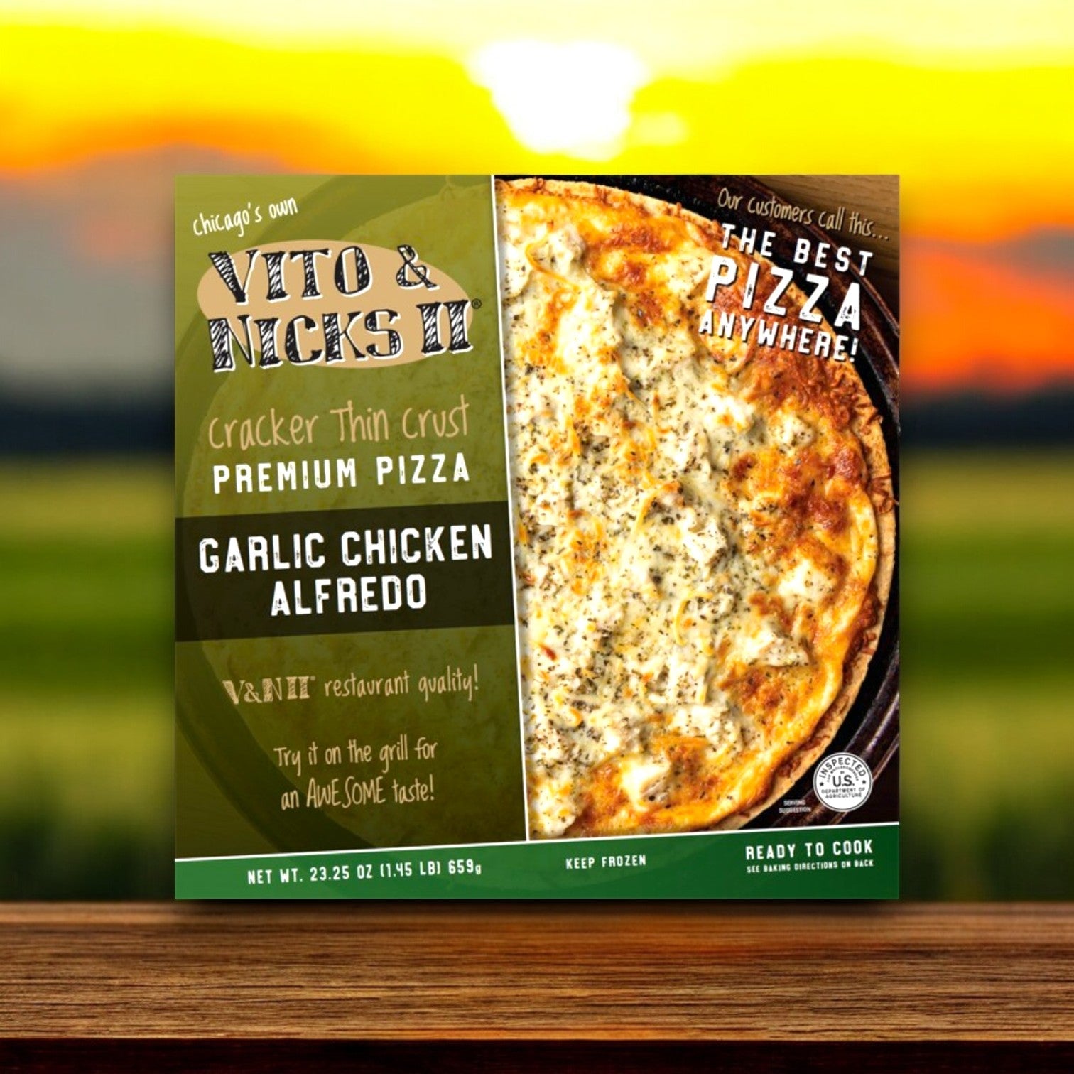 A Vito & Nick's II 3-Pizza Combo Pack, highlighting Chicago tavern-style pizza with premium ingredients, sits on a wooden table against grass and a sunset.