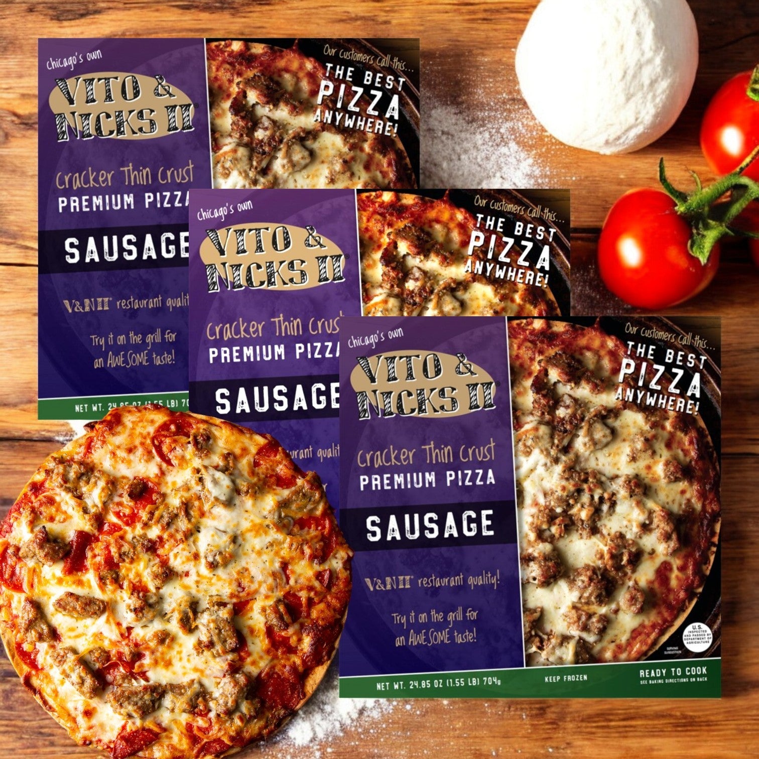 Vito & Nick's II Cracker Thin Crust Sausage Pizza (24.85 oz., 3 count) boxes display an image of a cooked sausage pizza on a cracker-thin crust, with fresh tomatoes and dough nearby, representing authentic Chicago tavern-style pizza.