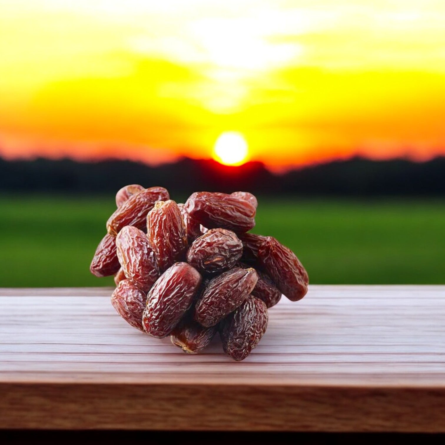 A cluster of Easy Lunches' Golden Foods Extra Large Medjool Dates (4.4 lbs) rests on a wooden surface, with the sunset sky and green fields stretching beyond.
