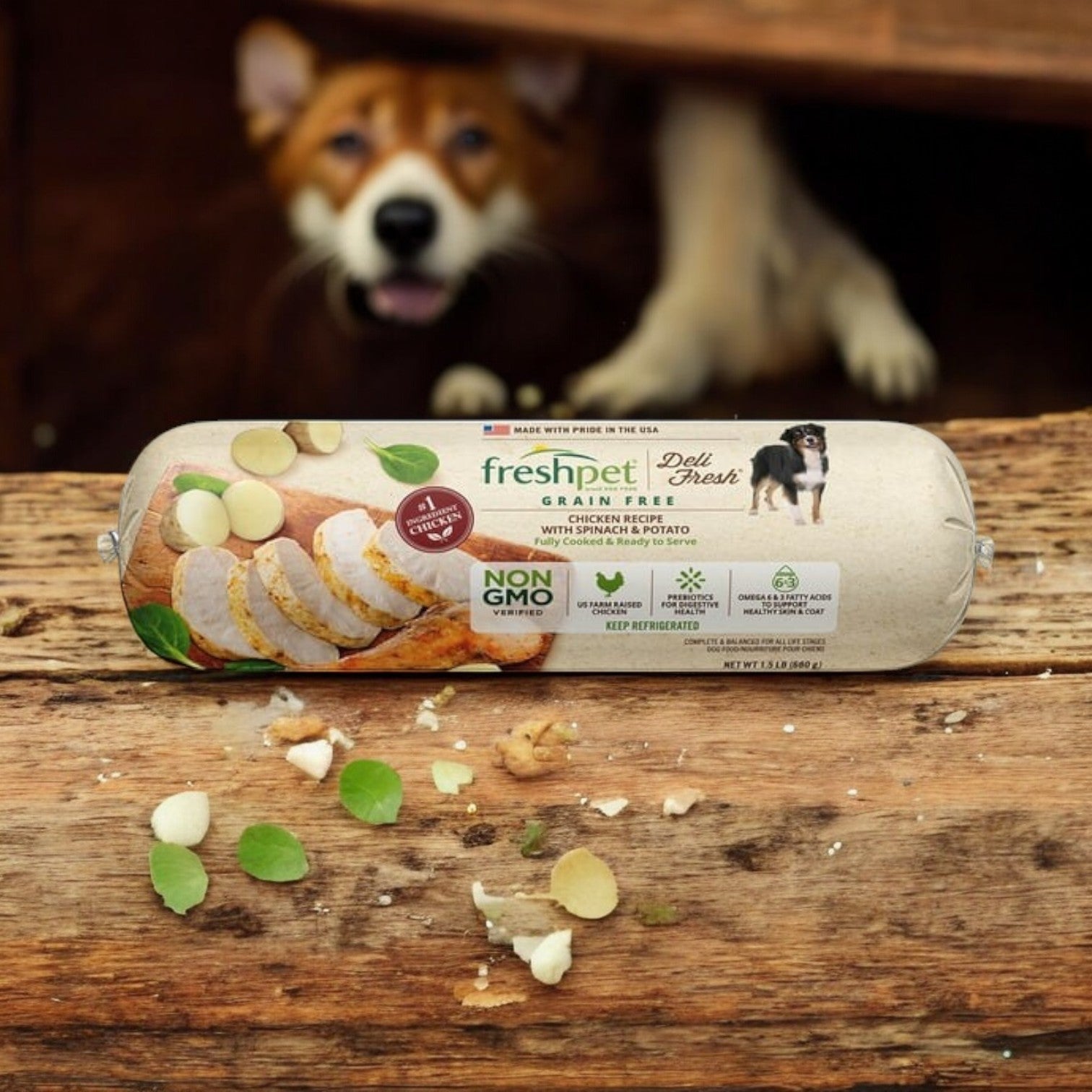 A Freshpet Deli Fresh Grain-Free Chicken Recipe Roll from three boxes with free shipping is on a wooden surface, garnished with leaves. A dog eagerly waits in the background for this high-quality, protein-rich meal.