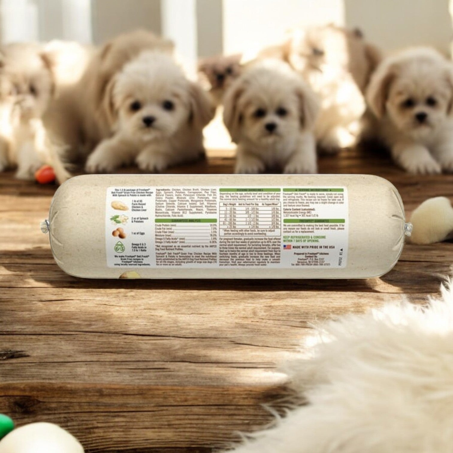 A Freshpet Deli Fresh Grain-Free Chicken Recipe Roll from 3 boxes with free shipping sits on a wooden surface in front of six fluffy puppies.