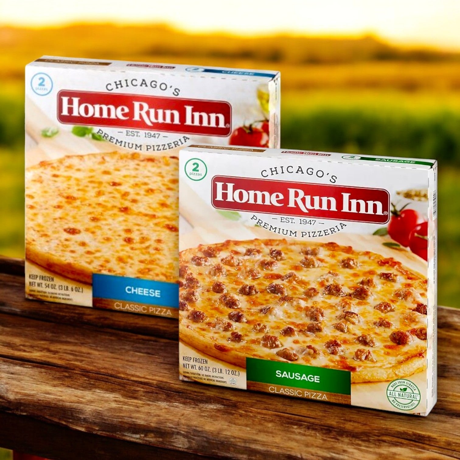 Two boxes of Home Run Inn Combo! (4 Total Pizzas!) are shown on a wooden surface with a blurred outdoor background.