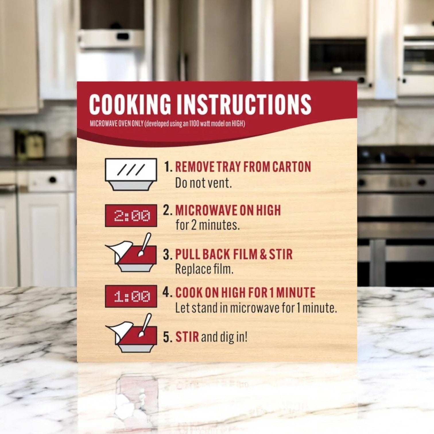 Cooking instructions for Smart Ones Hash Browns, Eggs & Cheeses: 1. Remove tray, do not vent. 2. Microwave on high for 2 minutes. 3. Stir the delicious meal. 4. Microwave for 1 more minute. 5. Stir and enjoy!.