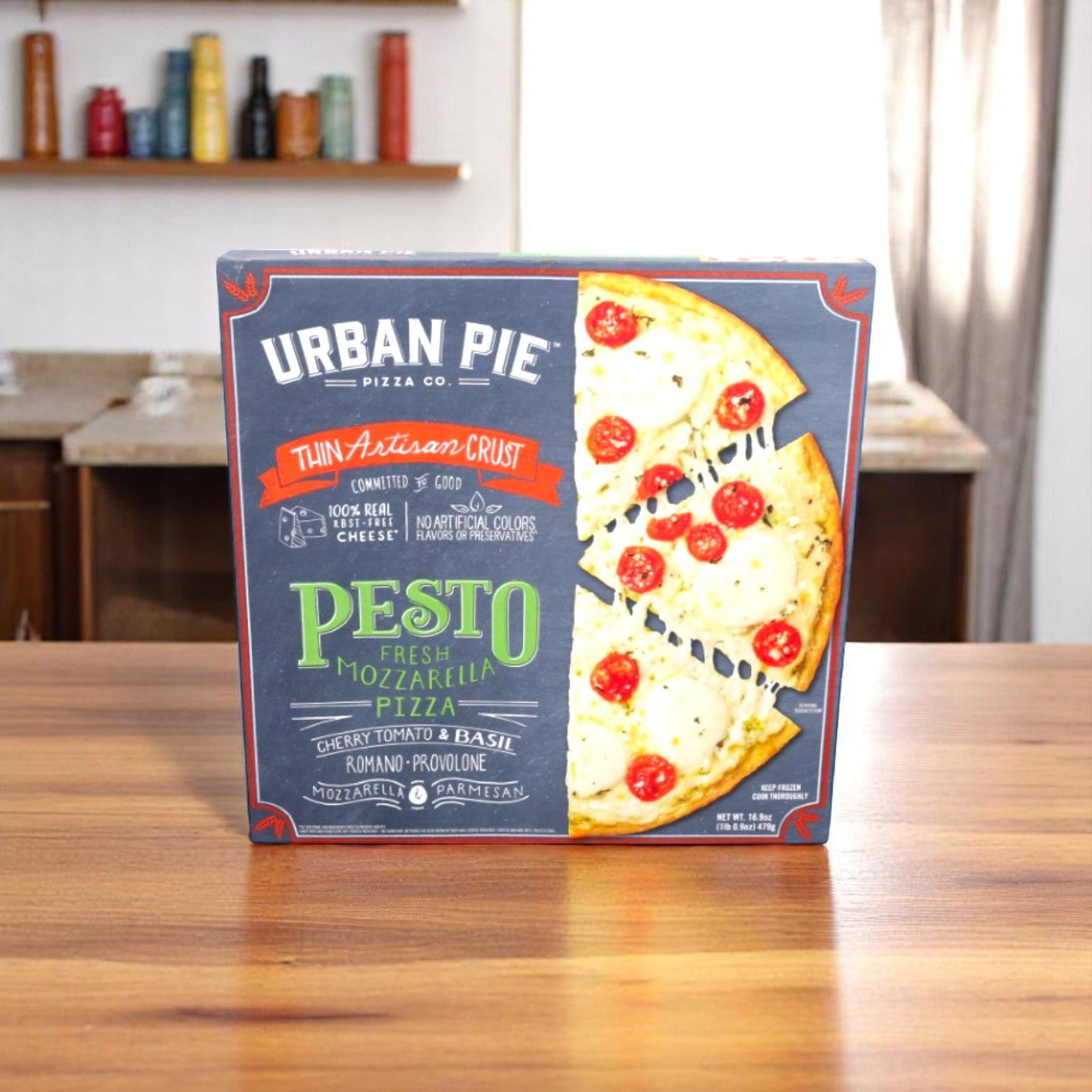 Urban Pie Pizza Co. Pizza, Thin Artisan Crust, Pesto & Fresh Mozzarella, 16.9 oz.- 1 Pack