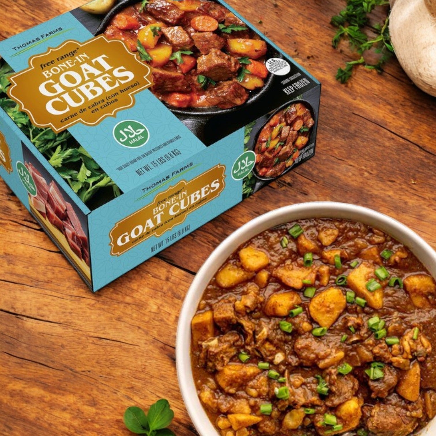 A prepared dish featuring Easy Lunches' Thomas Farms Halal Bone-In Goat Cubes (2" x 2" – 15 lbs total, sold in 2 lb packs) rests on a wooden surface, elegantly garnished with herbs.