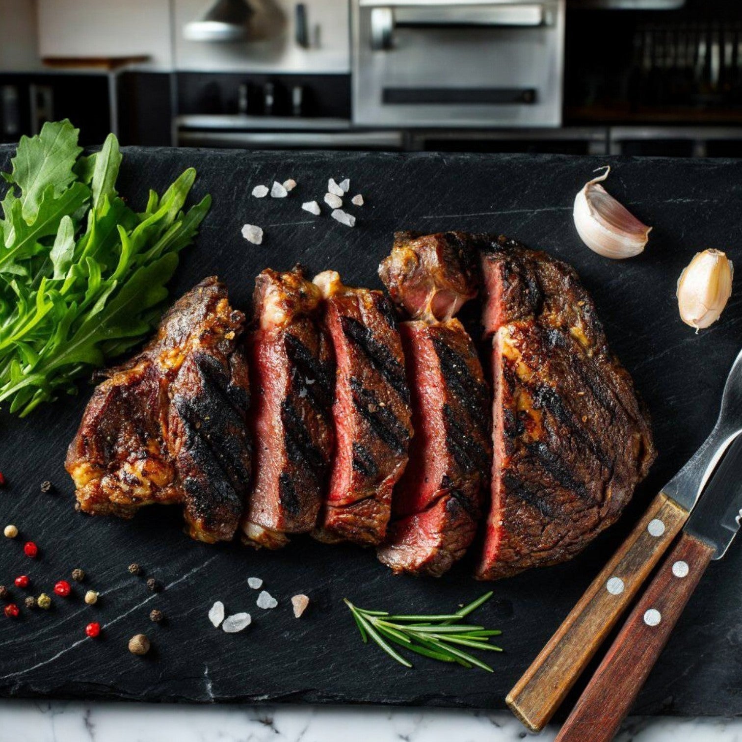 Sliced Silver Fern Farms Halal Beef Boneless Ribeye on a slate board, garnished with rosemary, arugula, garlic, salt, and peppercorns, accompanied by a steak knife.