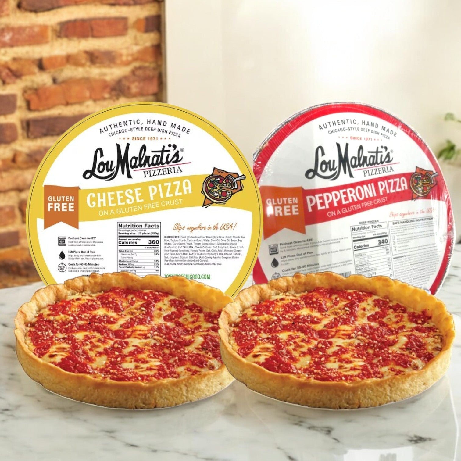 Two Lou Malnati's Deep Dish Gluten Free Pack pizzas rest on the counter, each a gluten-free delight. One is loaded with gooey cheese, while the other is topped with spicy pepperoni. A rustic brick wall adds to the cozy scene for these delicious gluten-free treats from Lou Malnati's.