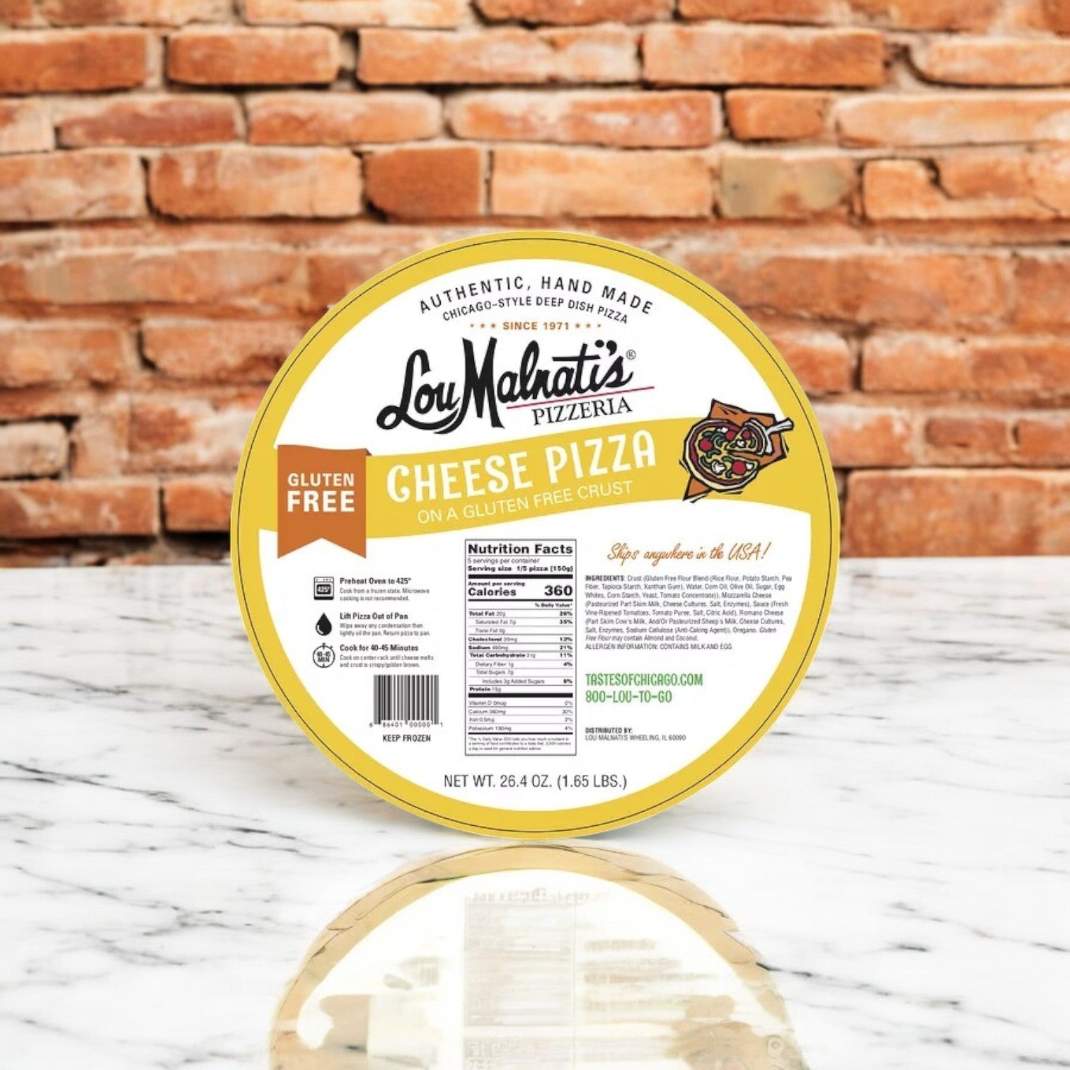 The Lou Malnati's Deep Dish Gluten Free Pack! - 2 Pizzas features a cheese pizza displayed on a reflective surface with a brick wall in the background. The packaging emphasizes nutritional details and branding, providing an authentic Chicago Deep Dish experience without gluten.