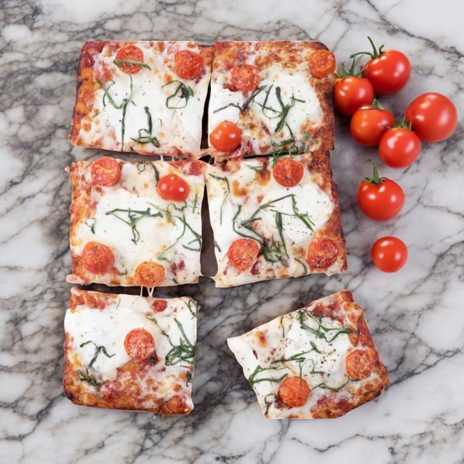 Slices of Massa Pizza Co. Margherita Bakery Pizza, crafted by Massa Pizza, rest on a marble surface, adorned with cheese, cherry tomatoes, and basil. The presentation highlights the artisanal dough, with fresh cherry tomatoes scattered nearby.