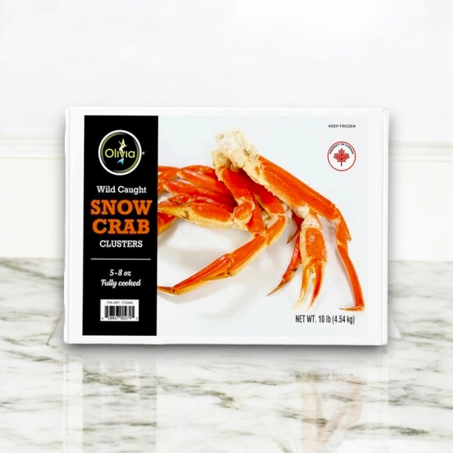 Enjoy premium seafood with Olivia Wild Caught Snow Crab Clusters by IFC Seafood. Each cluster weighs 5-8 oz, and the 10 lb box offers fully cooked convenience, highlighted with a Canadian flag on a crisp white background.