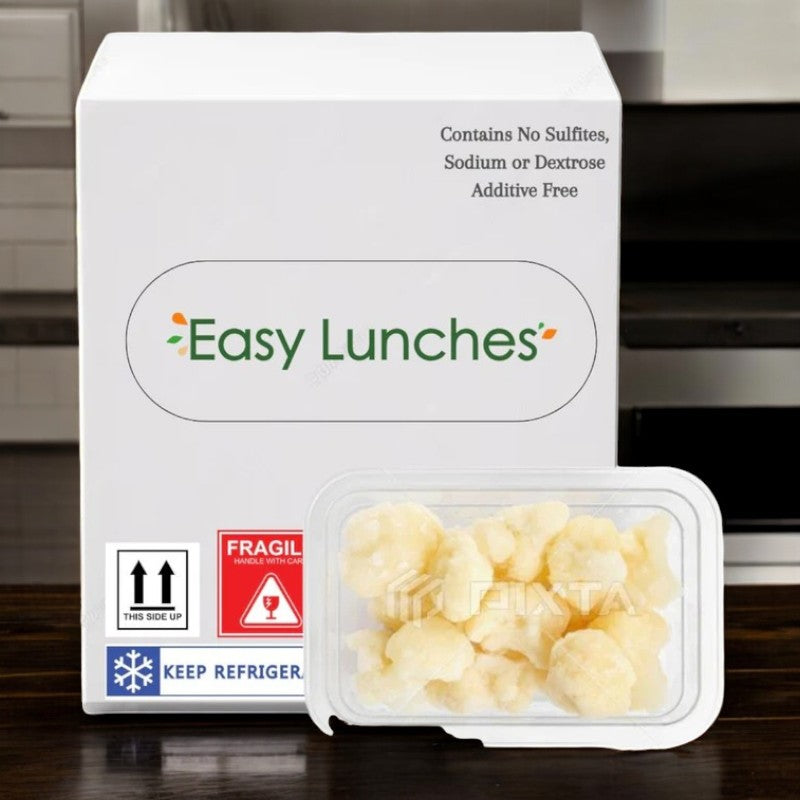 A container of Cauliflower Florets from Easy Lunches is in front, prominently labeled "Keep Refrigerated" and "Additive Free.