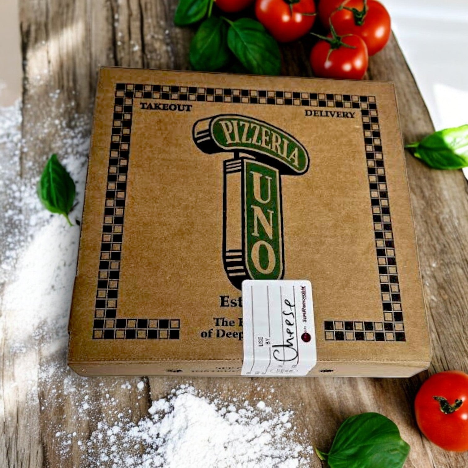 A Pizzeria Uno Deep Dish Small Cheese Pizza box, a 9” frozen delight made in the restaurant, sits on a wooden surface with ripe tomatoes, fresh basil leaves, and scattered flour—an homage to Chicago-Style Pizza.