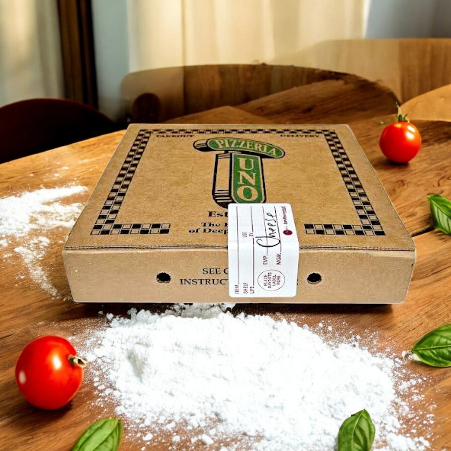A Pizzeria Uno Deep Dish Small Cheese Pizza box sits on a wooden table, surrounded by flour, cherry tomatoes, and basil leaves, evoking the tempting appeal of a classic Chicago-style deep dish pizza.