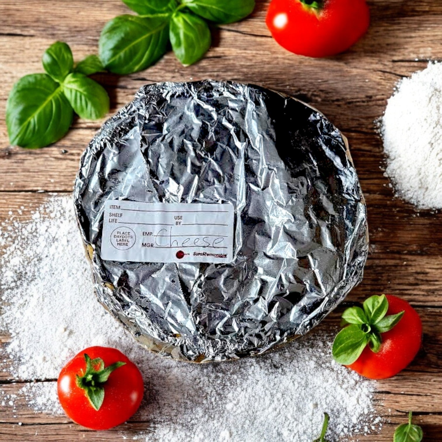The Pizzeria Uno Deep Dish Small Cheese Pizza, 9” (frozen—made in restaurant), pairs perfectly with foil-wrapped mozzarella, tomatoes, basil leaves, and flour—ideal for crafting an authentic Chicago-style pizza.