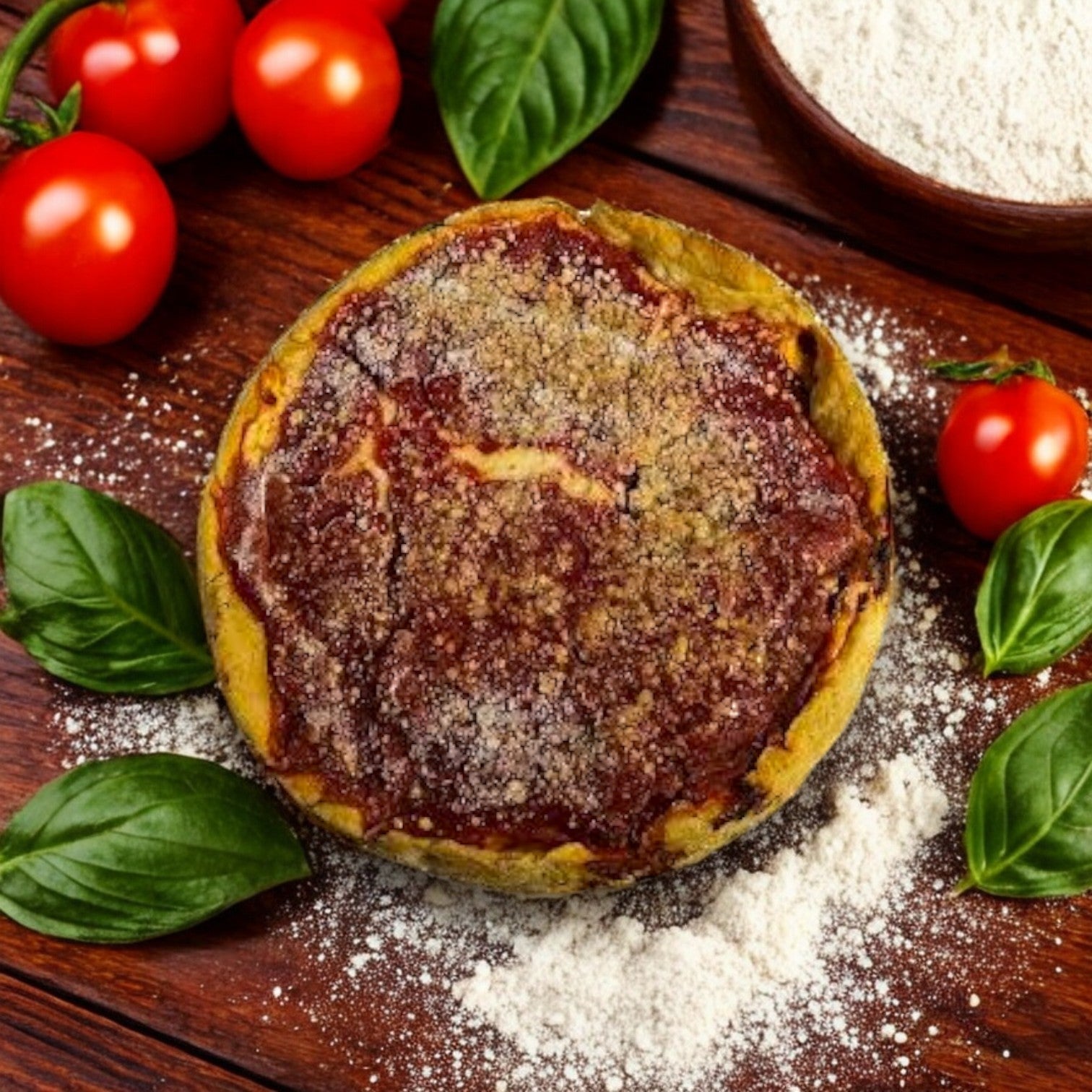 A Pizzeria Uno Deep Dish Small Cheese Pizza, 9” (Frozen-Made in Restaurant) from Pizzeria Uno is on a wooden table with fresh basil leaves, cherry tomatoes, and a bowl of flour.