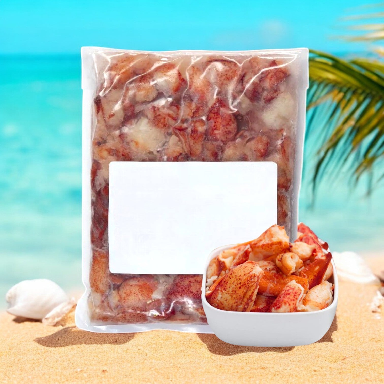 A package labeled "Easy Lunches Maine Lobster Meat Claw and Knuckle - 2 Pounds" rests on the beach, with a bowl of juicy seafood beside seashells and the vast ocean as a backdrop.