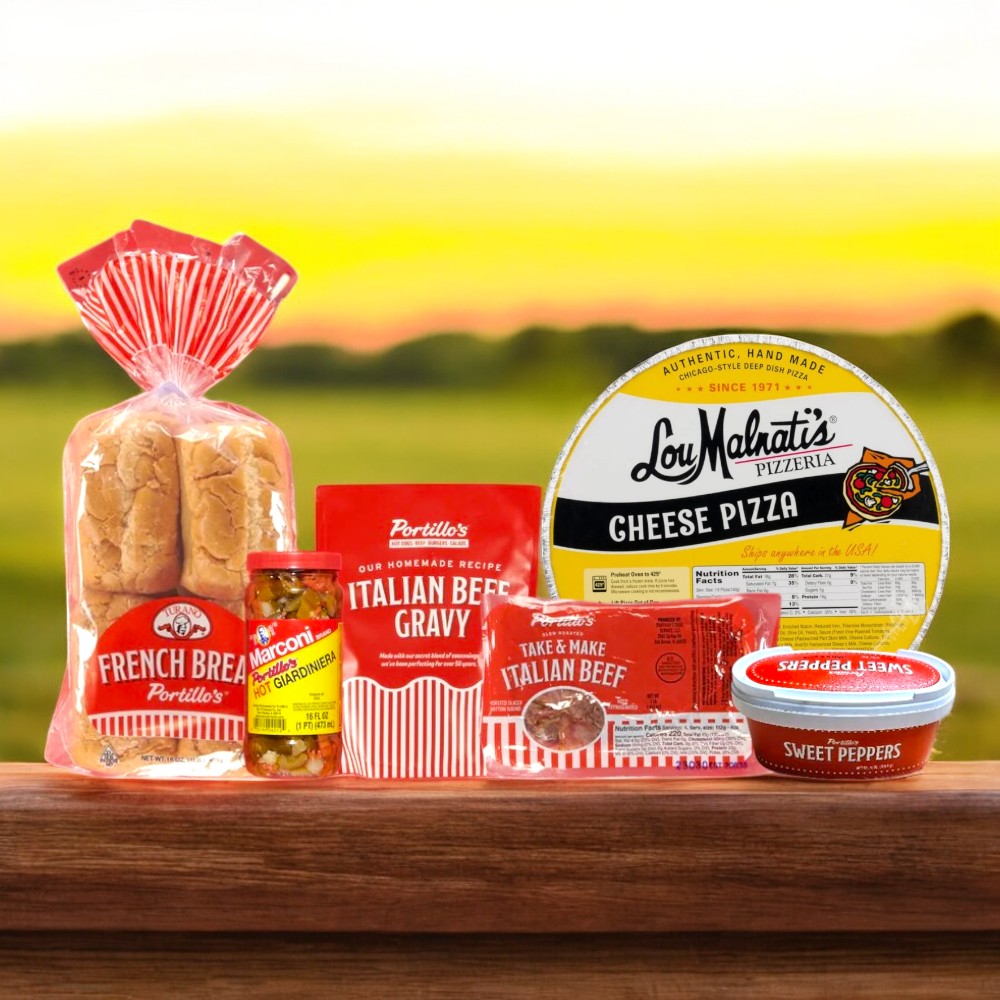 Against a grassy outdoor backdrop, Easy Lunches showcases the Portillo's 8 Italian Beef Sandwich Combo & Lou Malnati's Pizza Cheese for a true Chicago-style feast.