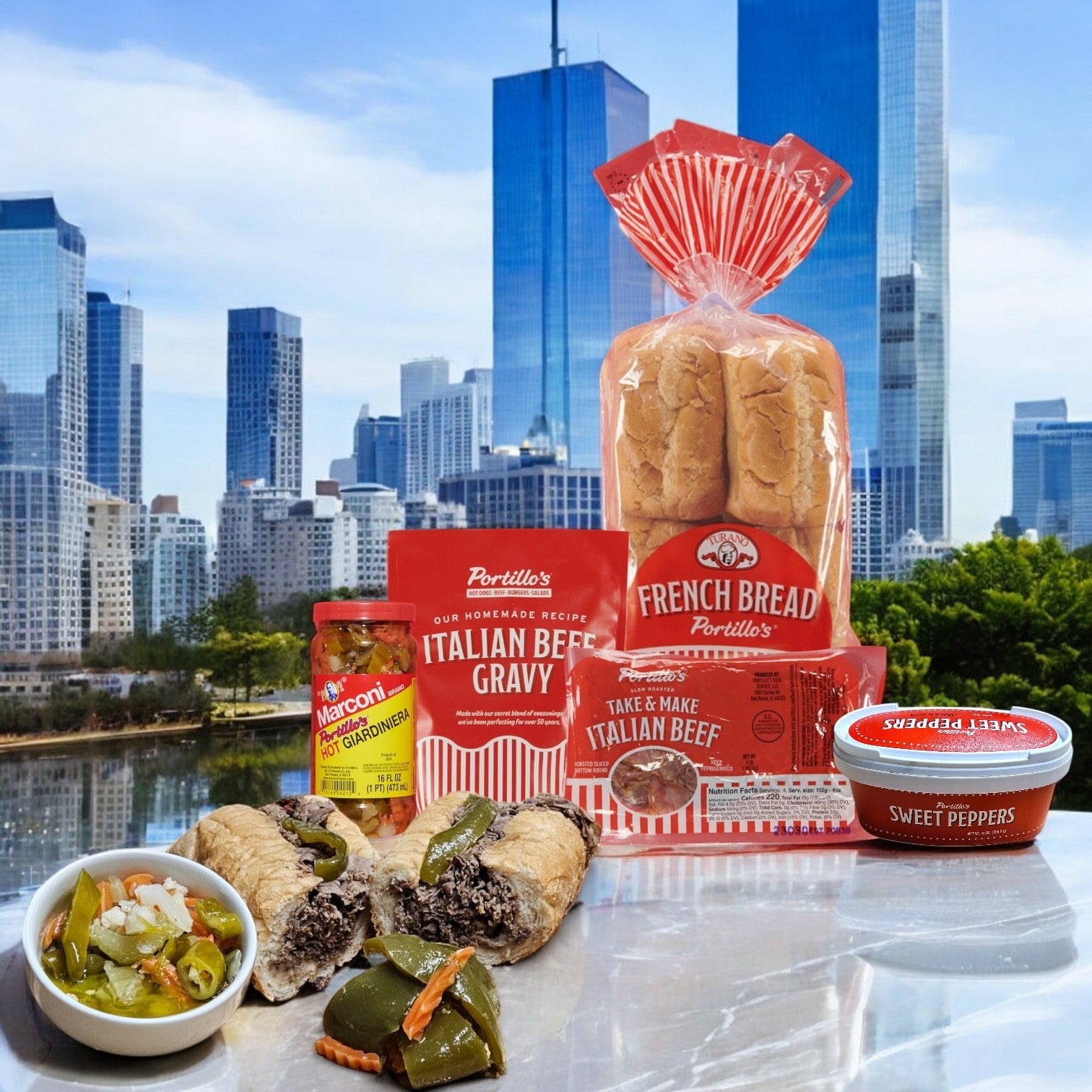 Portillo's 8 Italian Beef Sandwich Combo, ideal for parties, is beautifully presented with fresh bread, savory Italian beef gravy, and spicy hot giardiniera set against a stunning city skyline.