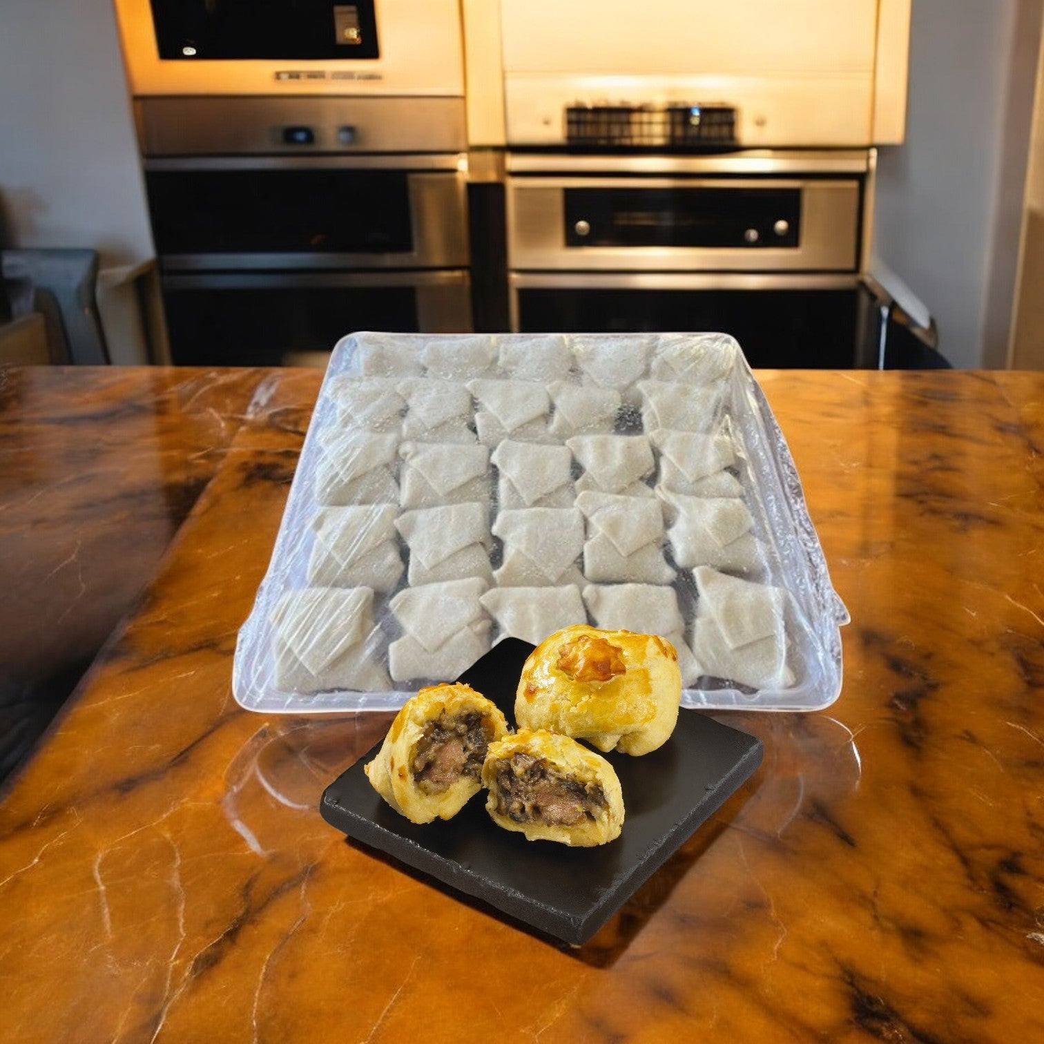 A tray of Sysco's Beef Wellington- Deluxe appetizers rests on the counter, while a black plate features two unwrapped flaky puff pastries, revealing their hearty filling.