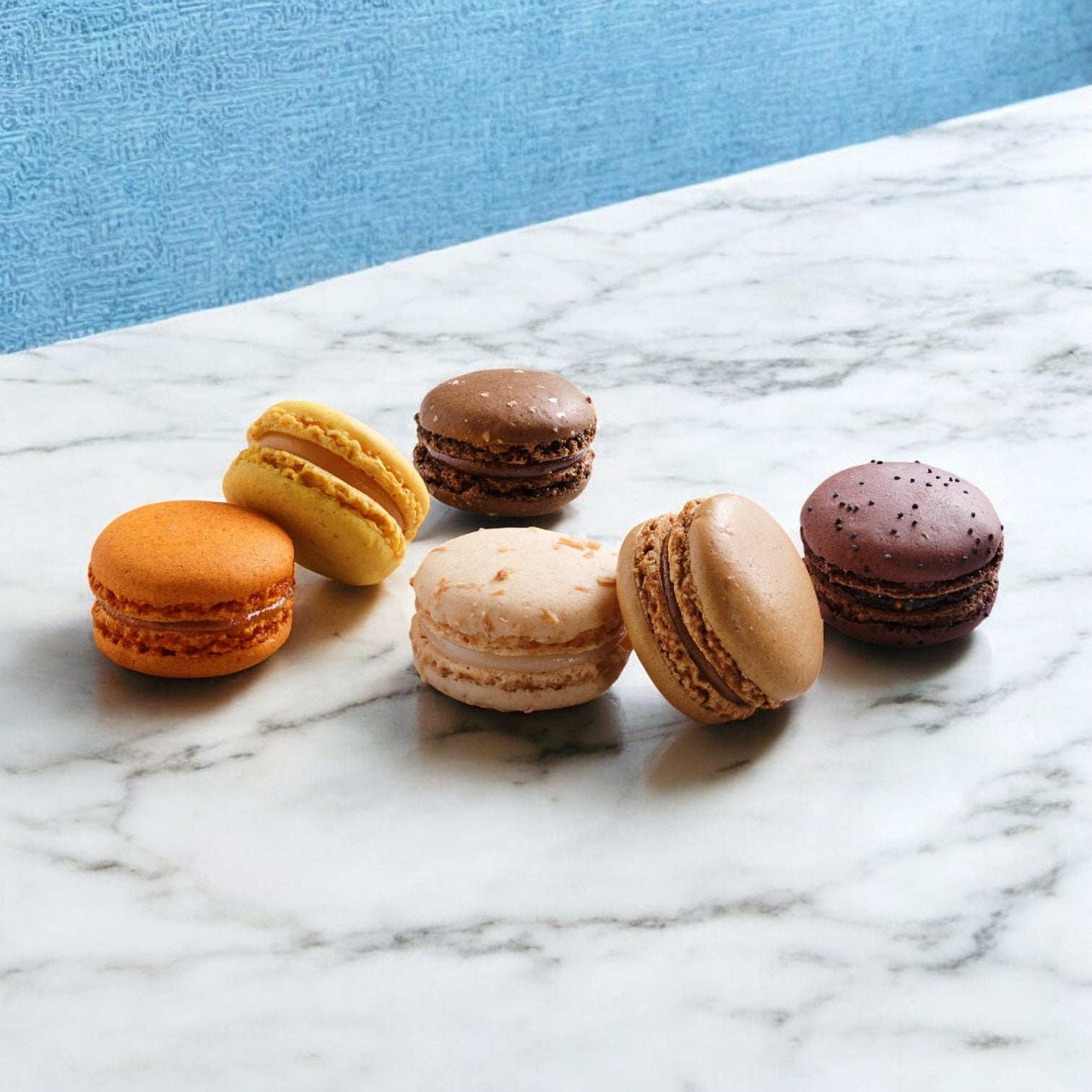 The Pasquier Cookie Macaron Assorted 1 Case, featuring six vibrant macarons, is beautifully arranged on a marble surface, highlighting a delightful mix of colors and textures.