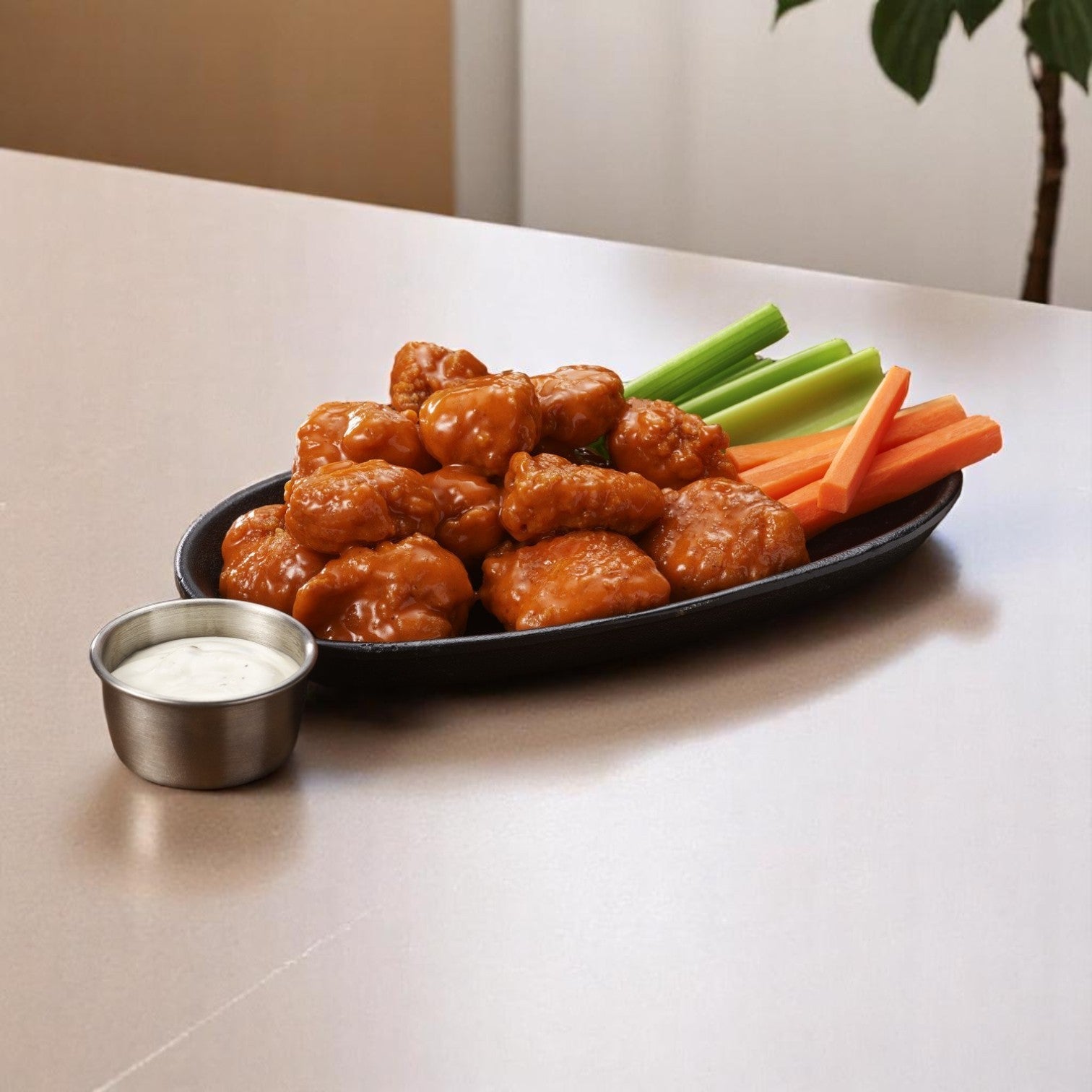 A plate of Pierce Boneless Zing Chicken Wings, Breaded & Precooked, served with celery and carrot sticks plus ranch dressing on a beige table.