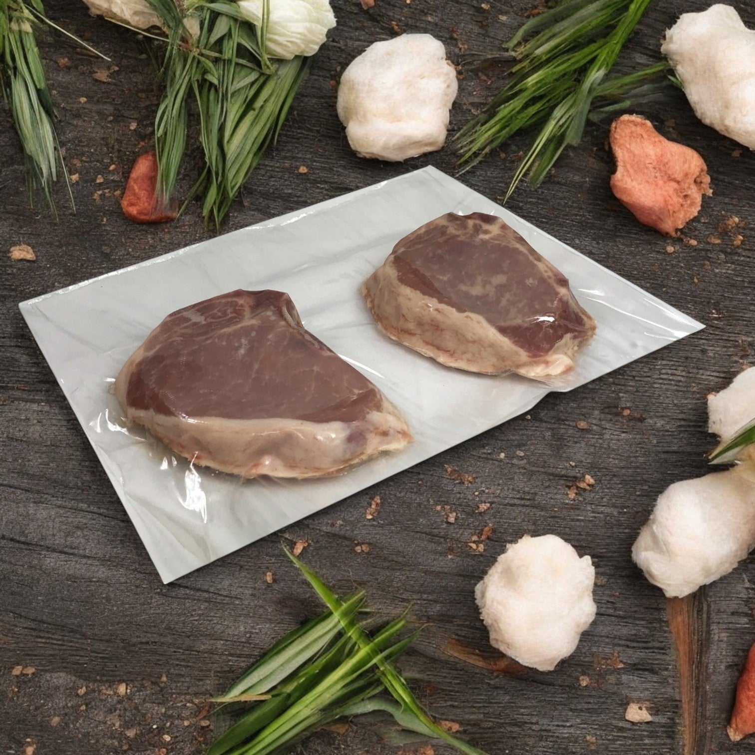 Two vacuum-sealed Buckhead Pride/Newport Pride Center-Cut Rib pork chops are on a clear plastic sheet, surrounded by scattered leaves and cotton-like objects on a wooden surface.