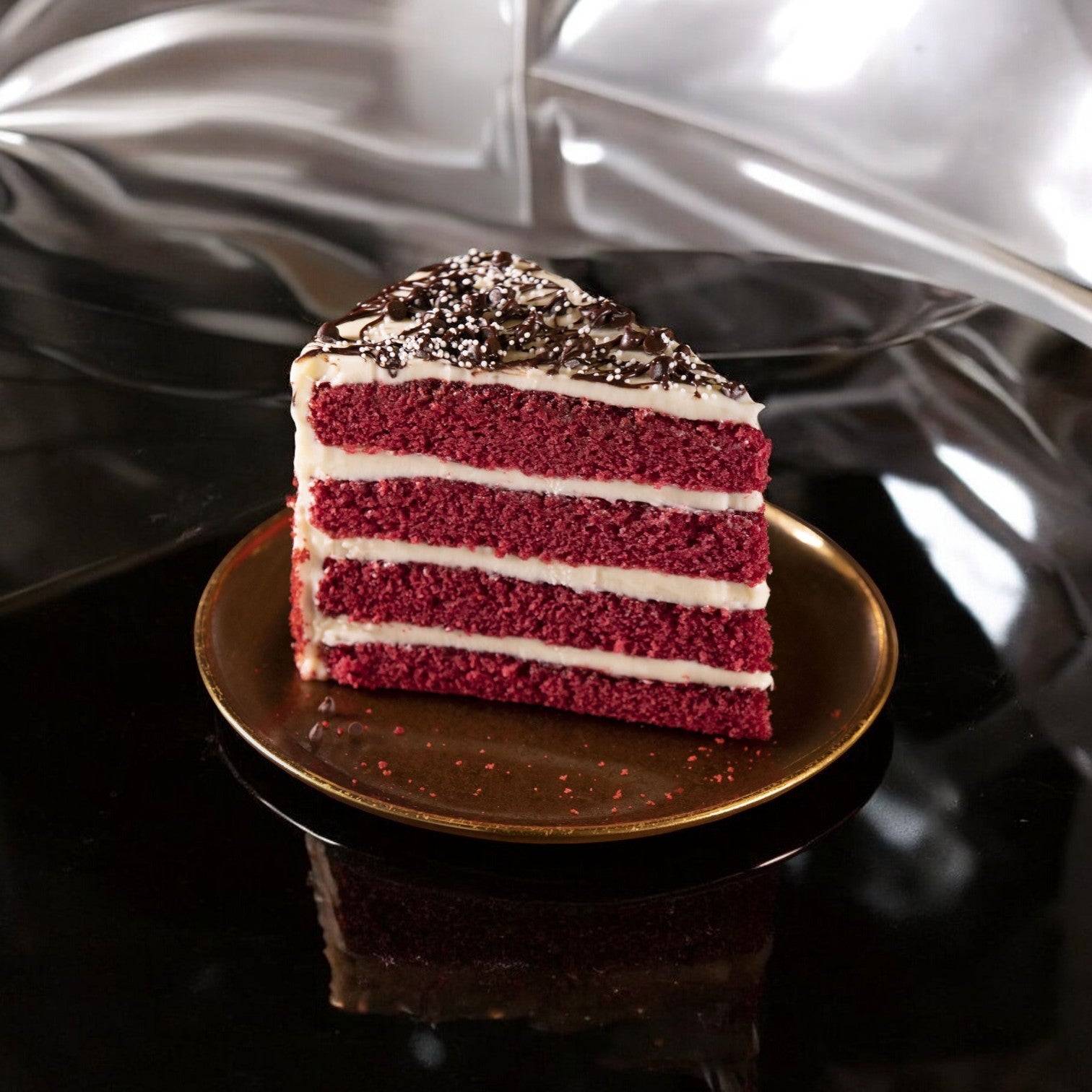 A slice of Sweet Street's Red Velvet cake, featuring four layers and topped with cream cheese frosting and chocolate drizzle, rests elegantly on a brown plate against a shiny backdrop.