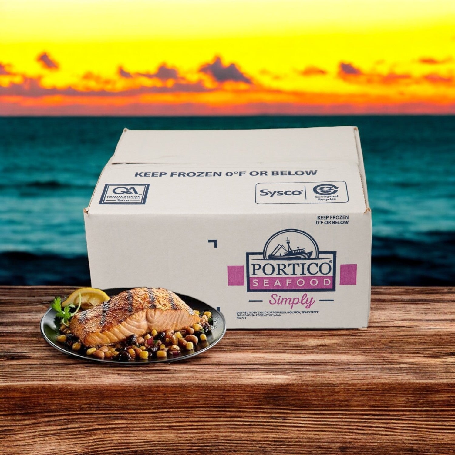A plate of grilled Portico Classic Seafood's Atlantic Salmon Portioned Skinless 6oz, from a 10 lbs. box, paired with vegetables rests on a wooden table. The ocean and sunset create a stunning backdrop, enhancing the dish's rich Omega-3 fatty acids content.